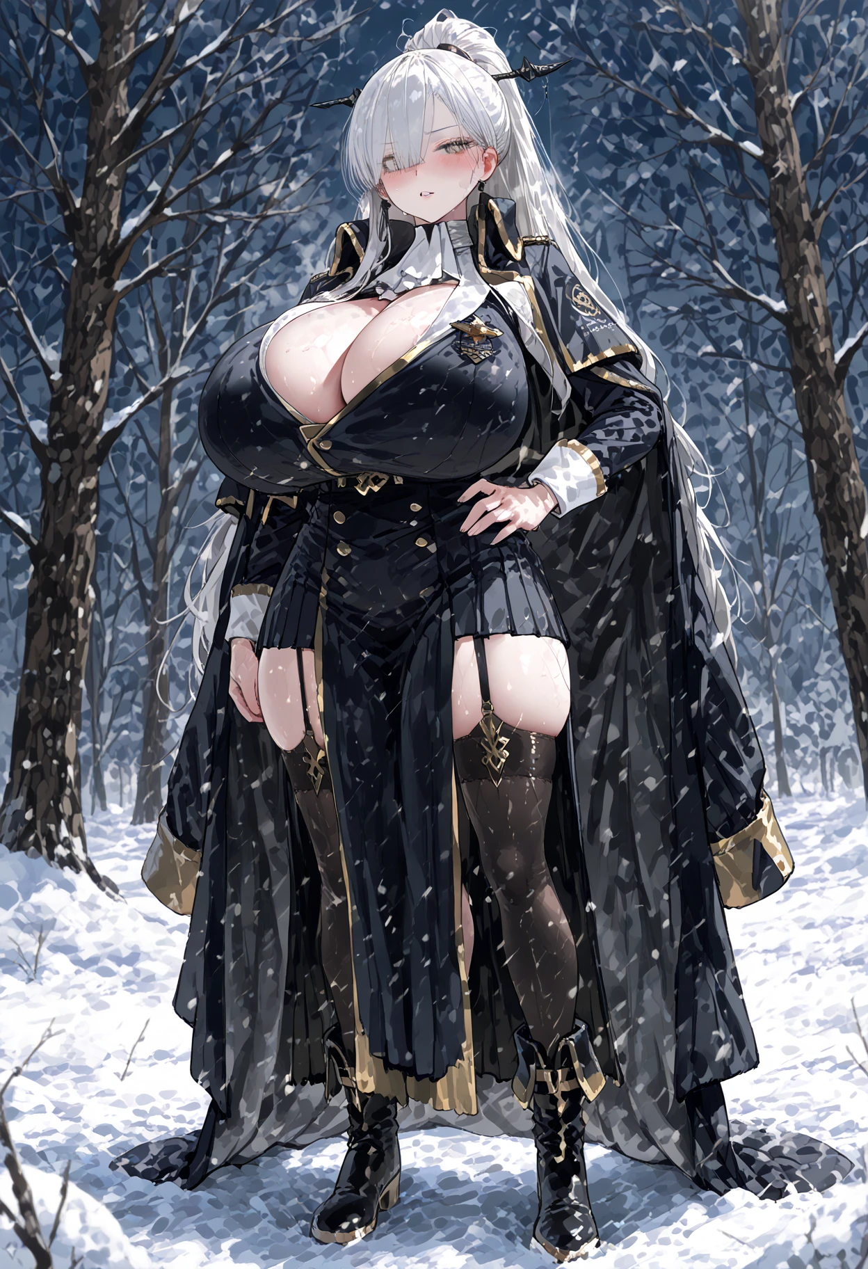 1 girl, very big breasts, very sexy body, 1 girl in, a smile, looks at the viewer, black shirt, super short white school miniskirt, full body, giant breasts, cleavage, giant breasts, heels, background in the mountains 1 girl , with big breasts. long legs QUEEN huge tits, (cleavage), high legs, (standing), sexy and muscular body. short skirt.4k hd