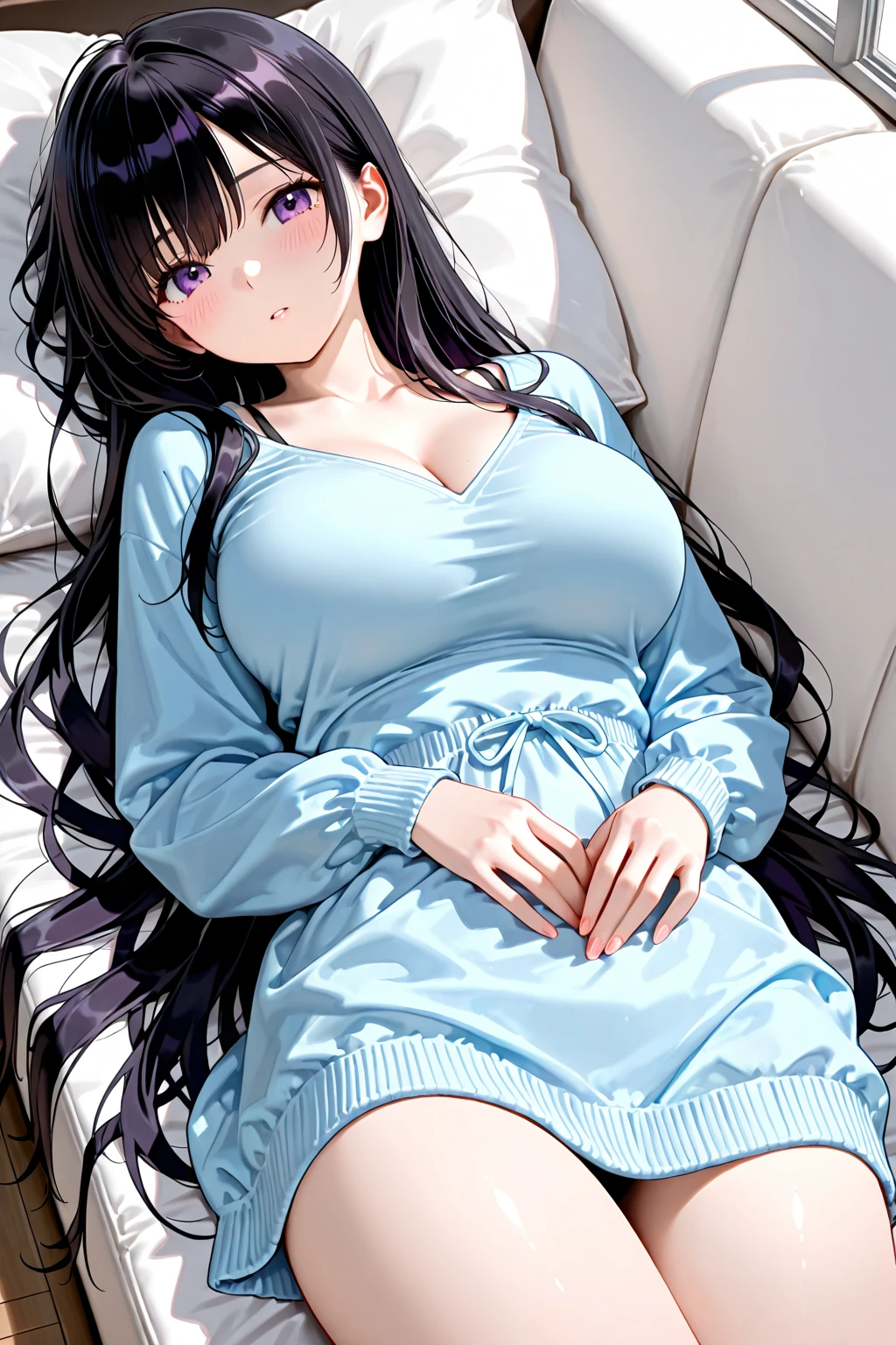 1 girl, long blue T-shirt to hips, house, I am lying on the bed, lying position, sunbathing pose , long brown hair, light blue eyes, smiling, excited, Beautiful, pale skin, ideal figure, big breasts 1:3, Cute , cat's ears,underwear, crotch shaved, naked,Without clothing
