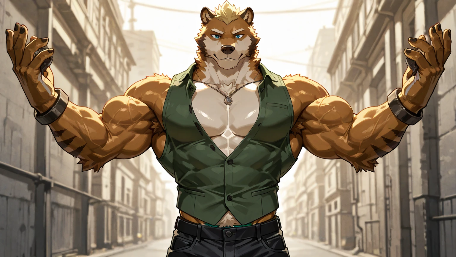 very muscular werewolf, flexing muscles, flexing biceps, biceps up, green eyes, realistic eyes, orange fur, white chest fur, black beard, very furry, standing on top of a mountain, wearing climbing harness, green short pants, 4k, high resolution, best quality, perfect colors, perfect shadows, perfect lighting, posted on e621, furry body, anthro body, anthro werewolf, werewolf, solo, male, adult, dad body, masculine, (very muscular, large muscles, buff:1.2), correct anatomy, (photorealistic fur, detailed fur, epic, masterpiece:1.2), (detailed mountain background, on top of the mountain, clouds, nature landscape, snow, winter), sexy shadows, (by echin, by Taran Fiddler, by Juiceps, by Rukis), (detailed eyes:1.2), impressive physique, confident pose, strong pose, confident face, proud, looking at camera, close to camera, happy, chest, (open mouth), pectorals, (front-angle shot:1.2), biceps, flexing, bodybuilder, detailed fangs, detailed eyes, realistic eyes 