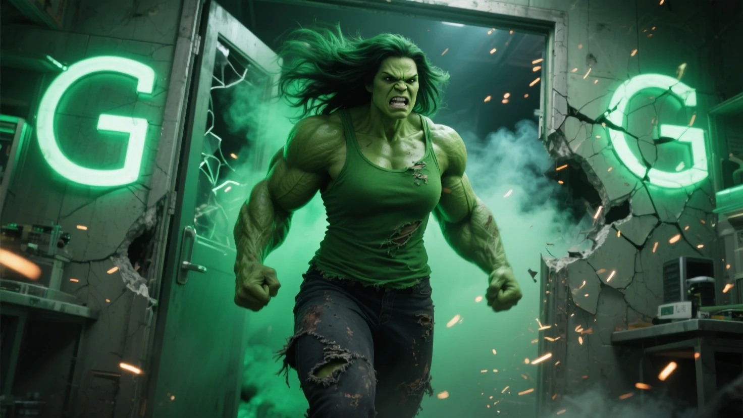 a beautiful woman (((Olive-green complexion all over his body))) Jennifer Walters aka She-Hulk in a sports top and ripped jeans because of her huge muscles on her knees screaming exhausted after an extensive battle in a rainy apocalyptic city cars and buildings on fire blood around her strong and bloody images (((Green complexion all over the body)))