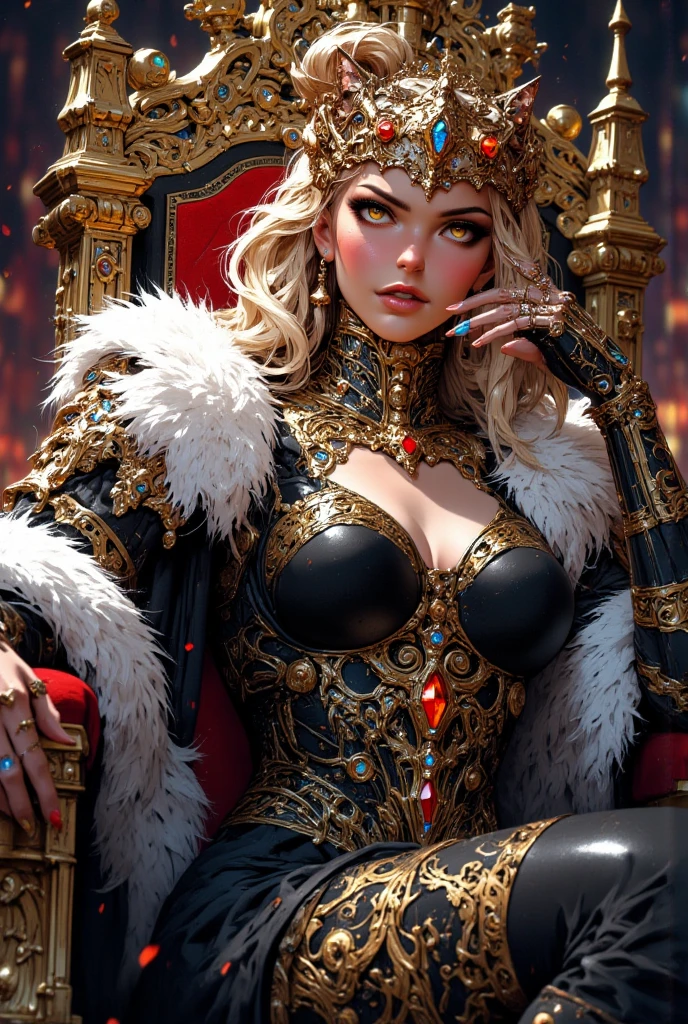 masterpiece, ultra-realistic 8k,
a digital painting of a queen wearing only a (white fur winter coat, white gloves:1.2), standing on front of the viewer, seductive, naughty, (sneer, smirk:1.2),
(alluring eyes:1.1) drawing one into their depths, (lips like velvet:1.2) in a beckoning pout, (flawless silhouette:1.1) gracefully emphasized by soft lighting,
reclined in a (sumptuous setting:1.2) adorned with luxurious fabrics, (sultry posture:1.1) capturing the essence of seduction, (flowing hair:1.2) cascading in intricate waves,
crafted to resonate with (captivating visual storytelling:1.1), emphasizing (subtle yet potent charms:1.2), (ambient lighting:1.0) playing on her form creating a mesmerizing contrast,
(essence of sensuality:1.1) palpable in the air, (intricate details:1.2) highlighting the finesse of her attire, (mood of enchantment:1.1) reinforced by the rich, warm hues,
(artistic rendering of temptation:1.2) in its most exquisite form,
(short hair, blonde hair, laced hair, beautiful blue eyes:1.2)
