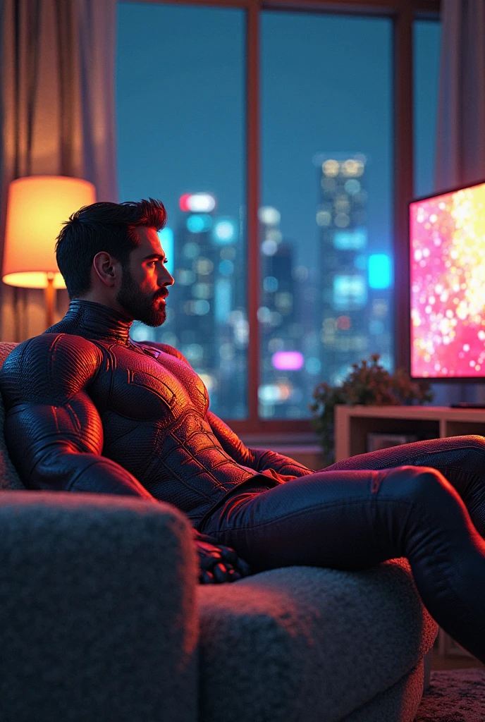 A muscular trainer with sunglasses, Sitting on a sofa, surrounded by television screens and electronic devices, with a sarcastic smile on his face.