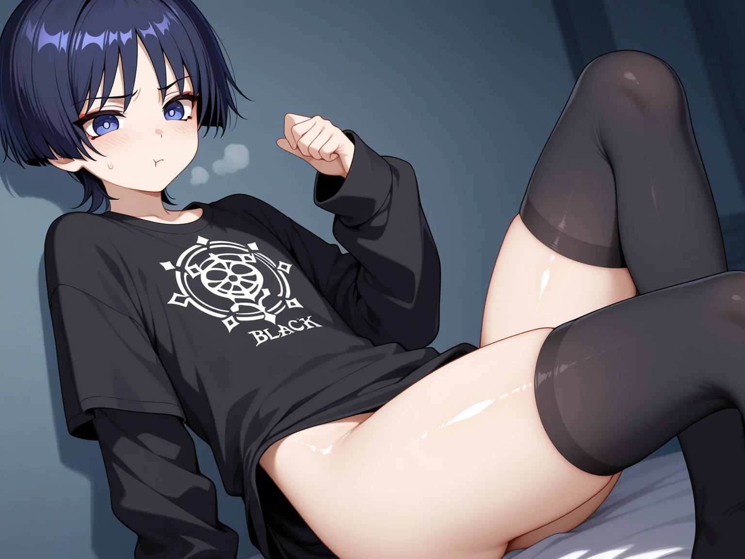 (Pixel art: 1.2), Beautiful Gothic Woman, Sexy Goth Girl, Designer sweatshirt coat with logo, pants, Short black hair with blue tips, Bedroom, Lying in bed, (Isaac Quek: 0.8) [By Ilya Kuvshinov: 0.65]