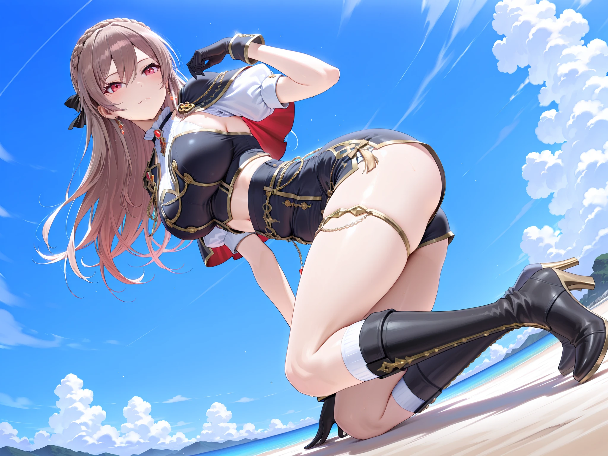 best quality, masterpiece, highres, solo, {night:1.10}, {starry sky:1.10}, beach, beautiful detailed sky, {extremely detailed background:1.20}, {skyfire_arknights:1.15}, {standing:1.10}, looking at viewer, {bikini:1.30}, animal_ears, long_hair, brown_hair, cat_ears, bangs, breasts, necktie, earrings, brown_eyes, jewelry, closed_mouth, black_necktie, belt, blush, smile, hair_between_eyes, ear_piercing, medium_breasts, light smile