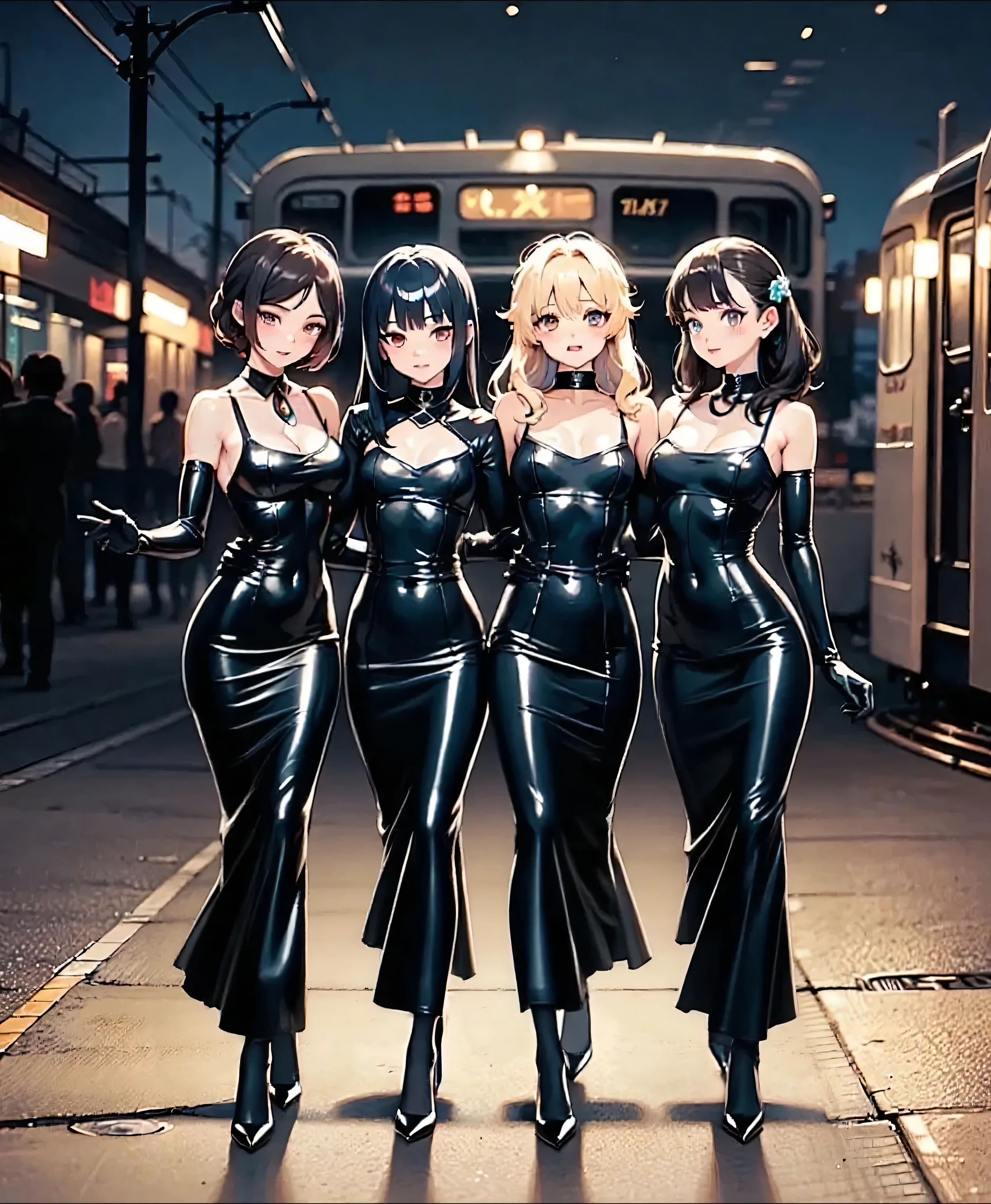 full body image of a woman and several men, "she is wearing a black costume with white parts of a maid mixed with Spider Woman, extremely tight in the body, maid headdress on her head, standing posture, she has "short straight blue hair , green eyes and big breasts", "they are wearing a suit and tie and are holding her", "she is looking at the viewer, her face is flushed, light makeup, she is wearing blue lipstick on her mouth, she has hair with a white streak, landing, hands clenched", are on a crowded bus at night, anime, anime style, anime, anime style, NVIDIA RTX, anatomically correct, 16k, best quality, award winning, high quality, UHD, masterpiece, anatomically correct, 16k, best quality, award winning, high quality, UHD, masterpiece, high details