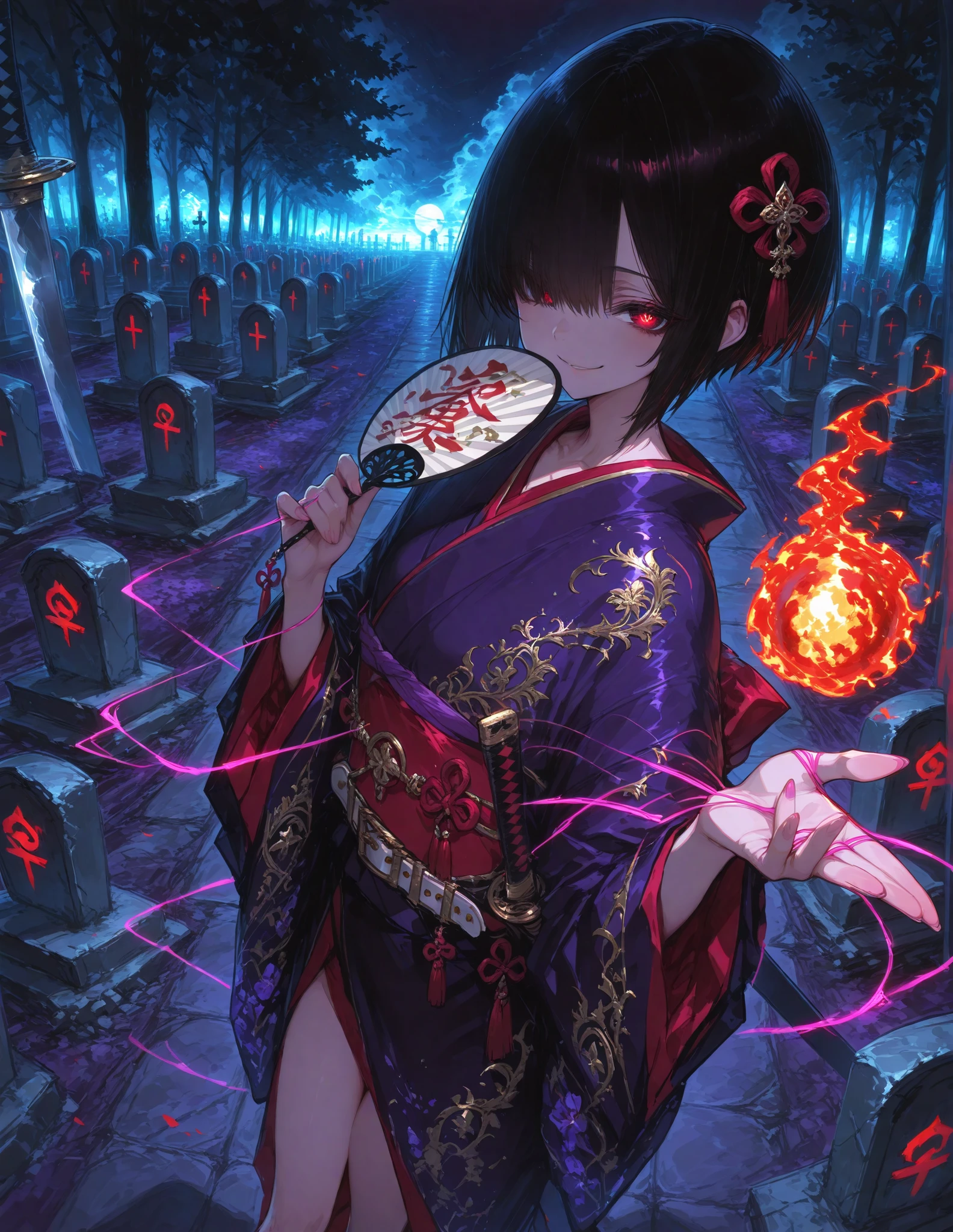 dark haired、shorthair is added、adult Japanese women、alone、neutral face、Thread、mischievous smile、A kimono with a flashy pattern、Classical red and purple patterns、gold embroidery、 The kimono has a glossy texture、 gorgeous belt 、gorgeous hair ornament、 holding a fan in one hand 、posing with the tip of a fan、gestures like playing with a fireball、pale fireballs floating around、 The background is a graveyard 、spooky and mysterious atmosphere、Night scene 、Figures holding swords surround in the dim fog 、bust up~Above the knees、oblique angle、bewitching and mysterious atmosphere、mischievous monster style、anime style、Japanese Fantasy、Delicate Line Art、Careful coloring、Soft Light and Shadows、High color development、High three-dimensionality、highest resolution、 super high quality illustration
