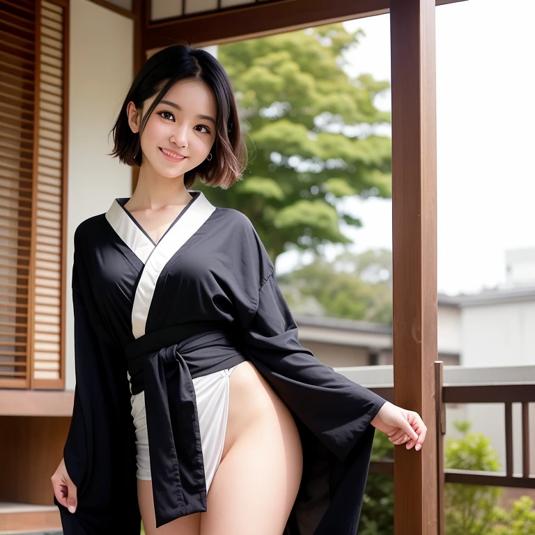 poneyTail　A dark-haired　Crocot stumbles　Kimono with short hem　beautiful thighs and beautiful arms　Red Brown　beautifull hands　Right Hand Peace Sign