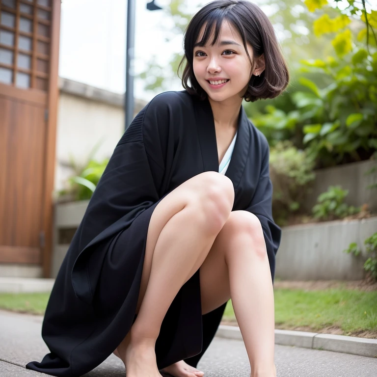 neat college girl、petite person、(Summer yukata)、Outside the field、(Slimed、small tit、flat boobs、small tit)、Photorealsitic、detaileds, Skin Texture, ultra-detailliert、Delicate and sexy collarbone、A smile、Super Detailed Face、Detailed lips、A detailed eye、二重まぶた、Sitting on legs bending the knees、Squatting、White panties are visible from the skirt、sexy pose、Shorthair with bangs、Straight bob hair、from quite above、10yaers old