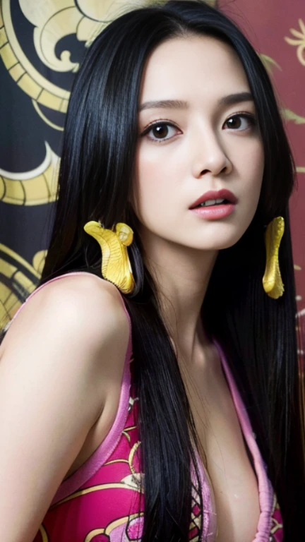 (((masutepiece+Best Quality+High resolution+Ultra-detailed))), Boa Hancock, long silky black hair, High Nose, Sharp eyes, noble and inviolable temperament, (([Female]: 1.2 + [Beauty]: 1.2 + Black Long Hair: 1.2)), skull_snake background, Bright eyes, dynamic angle and posture, Wallpaper.