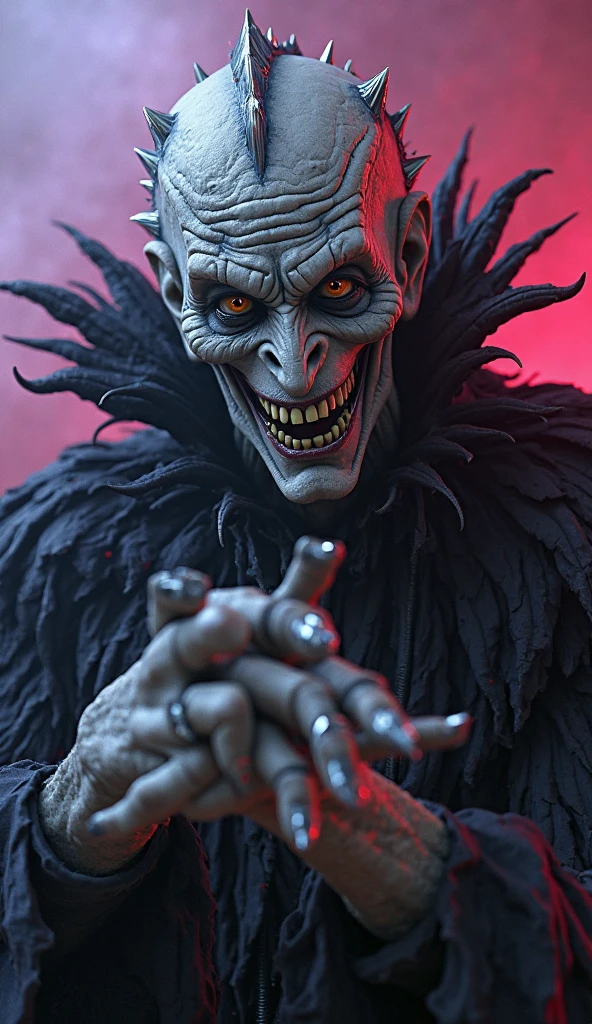 It creates a horror situation where the villain Roger, the villain with a macabre appearance with a shadow appearance, eight legs on his body, giant eyes and white eyes without pupils, sharp teeth like a crocodile, eight stones on his body, a hand that has become a scythe, is on top from the ceiling and a person is sleeping