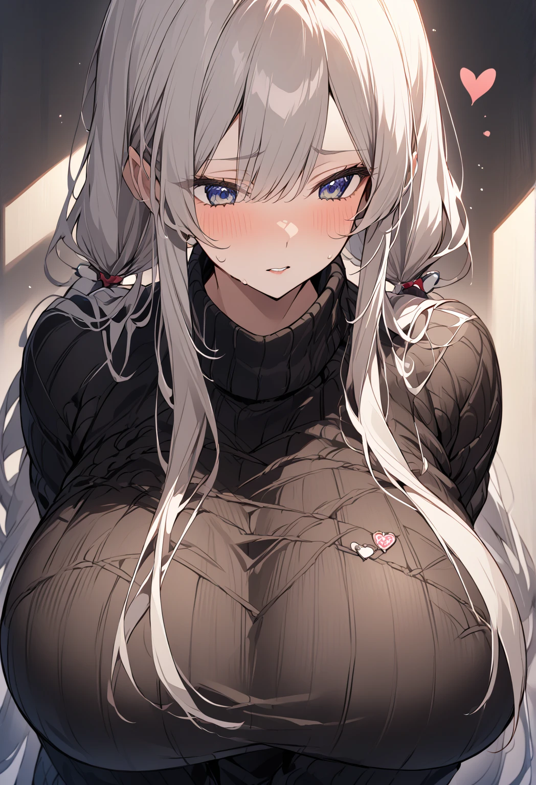 Shishirabotan、Black knitted clothes、Vertical sweater clothes、Black sweater、Huge breasts:1.5、sagging breast:1.5、1girl、portrait、spoken heart、face focus、straight hair、long hair、
