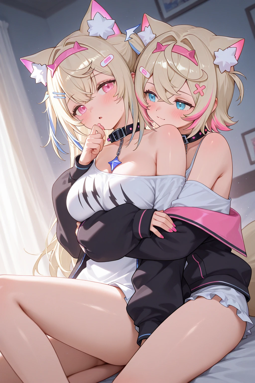 (nsfw),(dog girl),(catgirl),(2girls),hair,yellow eyes,platinum blonde hair,red eyes,cowboy shot,(stomach),Ahegao,(stomach),Legs apart,toes,(ass focus),(knees),(knees up),(arms up),(wet sheet),(hands up),straight-on,shy,(From above),(paw pose),come hither,two side up,(straight-on),micro Bikini,(spread legs),masterpiece,best quality,very aesthetic,absurdres,breasts,Woman,bed invitation,sheet,(Masterpiece,best quality,very aesthetic,absurdres)