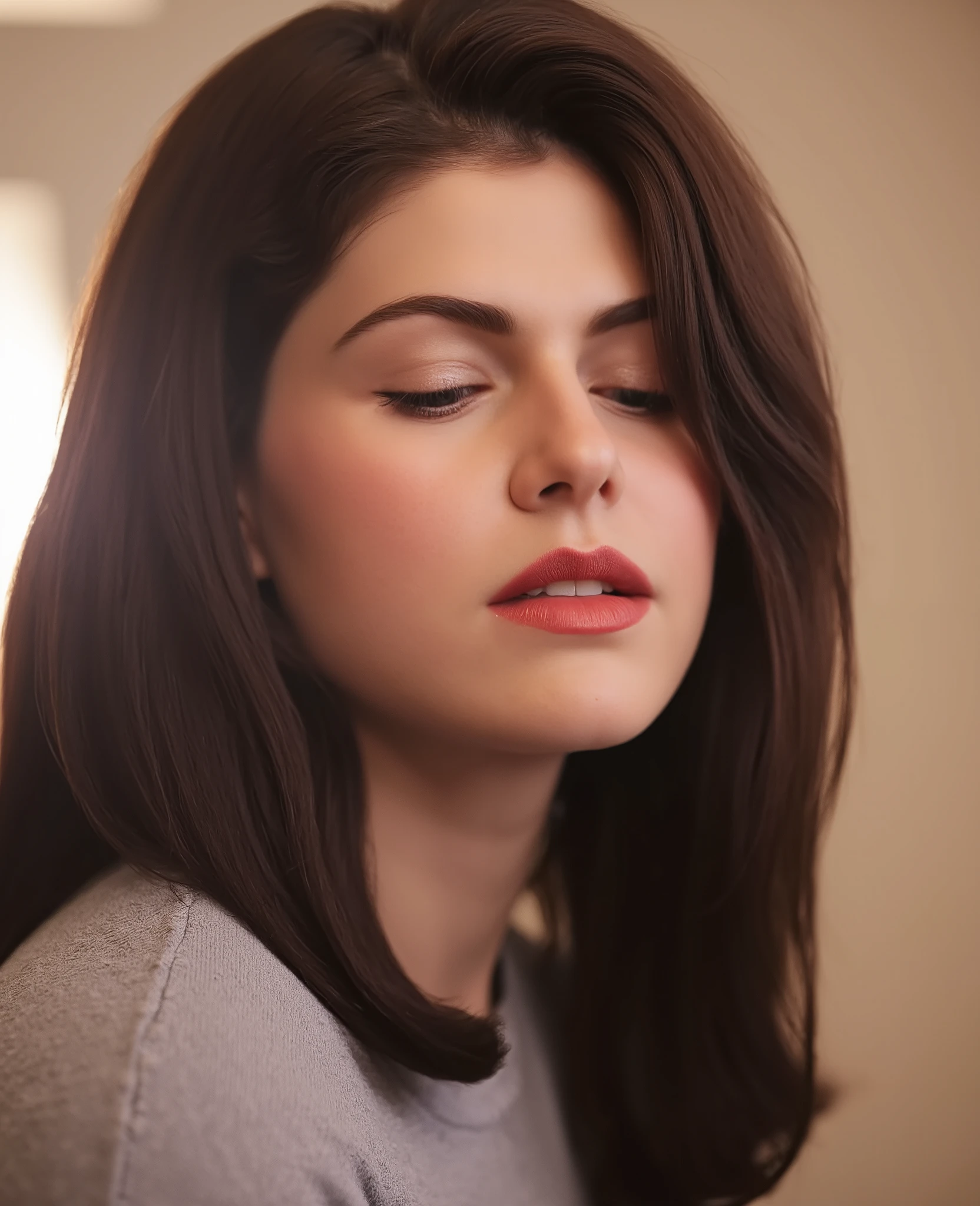 Alexandra Daddario, A studio photography of a beautiful woman with her eyes closed, indoor, soft diffused studio lighting, minimalistic, photorealism, 4k resolution, ultra high quality, realistic proportions, low contrast, face focused, long hair, long dark brown hair, straight hair, wearing t-shirt, t-shirt, closed eyes, eyes closed, eyes are closed