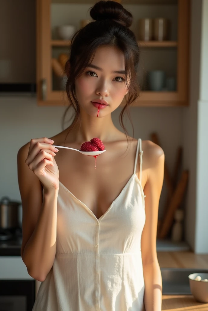 Make a white Asian girl with a waist and ass wearing a skirt and a black bra on a bed sitting and licking a penis shaped lollipop