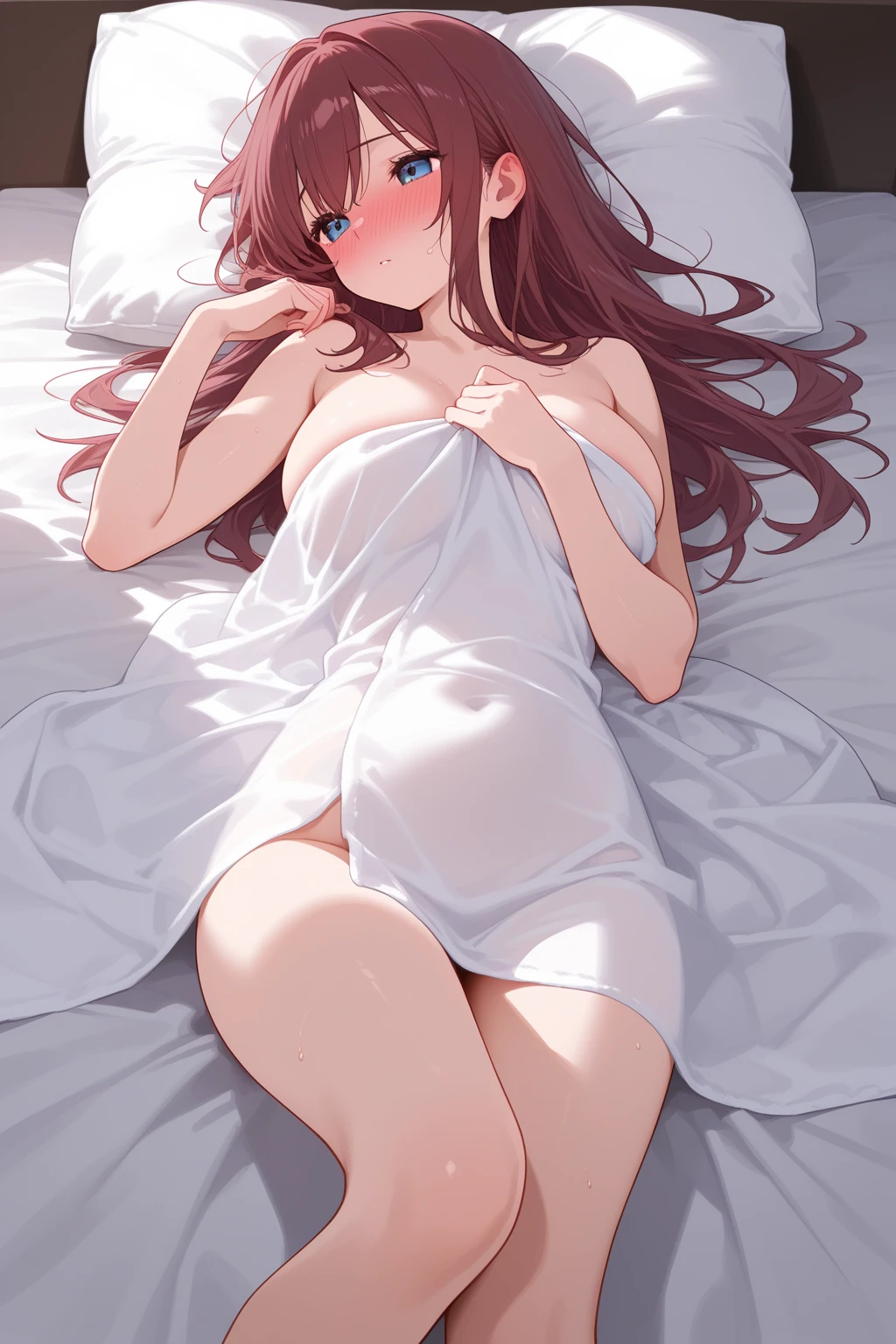 nsfw, (8k、Best image quality、Highest quality、masterpiece)、((Excellent anatomy: 1.2)), Detailed face、Detailed Background, Improve、A beautiful 35 year old woman, (Light Brown Hair:1.3), Long wavy hair, (Wandering:1.5), blunt bang, Glamorous body, Big Tits, (Completely naked:1.3), (White Breath:1.3), (Blushing:1.5), Bedroom, (Lie face up on the bed:1.5), Dim lighting, spread legs, Beautiful thighs, from above, full body, arms up, Drenched in sweat, (cum in breasts:1.2)