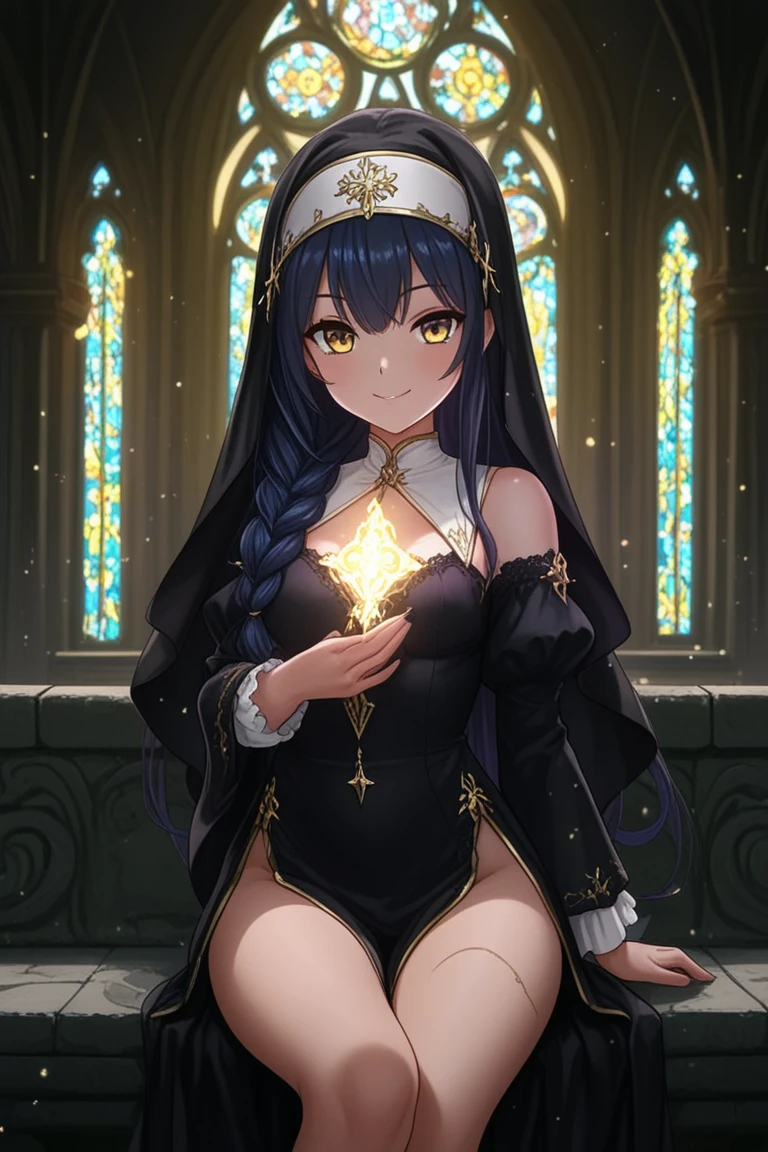 western church chapel,Lots of colorful stained glass,Light shines through stained glass, Creates a fantastic atmosphere inside the chapel.,fluffy hair,Gorgeous black and white two-tone hair,Iridescent light,Monastic robe with wide open shoulders and chest,abbey,priest's clothes,Colorful tattoo of large cross and Virgin Mary statue on visible shoulder and chest,Pin Heel Shoes,sit on the ground and smile,Slightly red tide,Prayer Pose,Angel Ladder,Staring at me intently,Teary-eyed,SEX,AHE Face,drooping,Nipple bumps,My body trembles with pleasure,thong lace underwear,Underwear like a string,Underwear with a small fabric area,