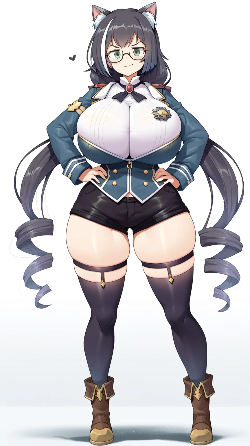 Masterpiece ultra high quality, clean art 1girl,cat ears ,black hair ,red eyes ,short hair ,messy hair,(full body, standing ,jacket, big boobs ,cleavage) beautiful illustration, best quality, cute girl, shorts, plump thighs, full-body, cat thigh highs,