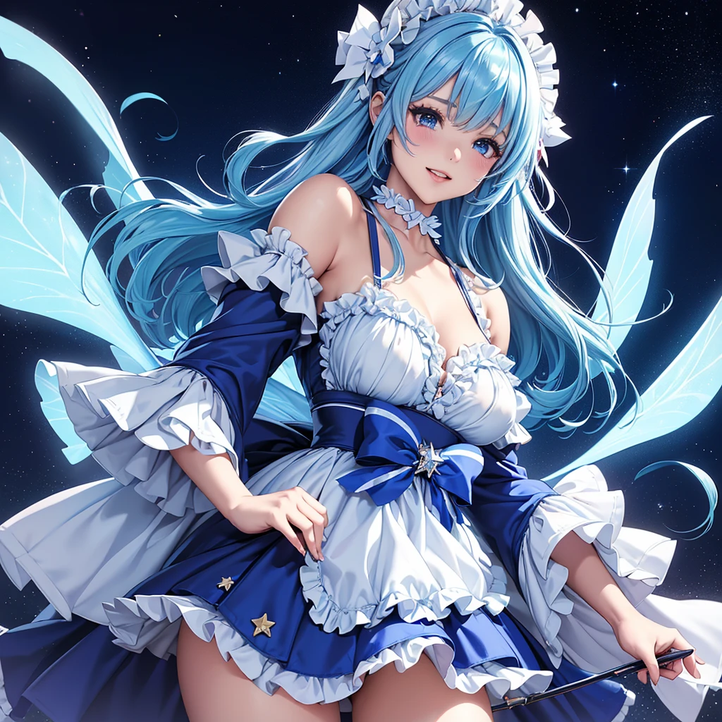 1girl, solo, long hair, breasts, looking at viewer, blush, smile, open mouth, bangs, large breasts, hair ornament, thighhighs, hat, dress, ribbon, holding, bare shoulders, twintails, underwear, blue hair, blue eyes, hair ribbon, weapon, flower, thighs, detached sleeves, wings, looking back, from behind, holding weapon, high heels, white thighhighs, low twintails, white headwear, garter straps, halo, feathered wings, angel wings, angel