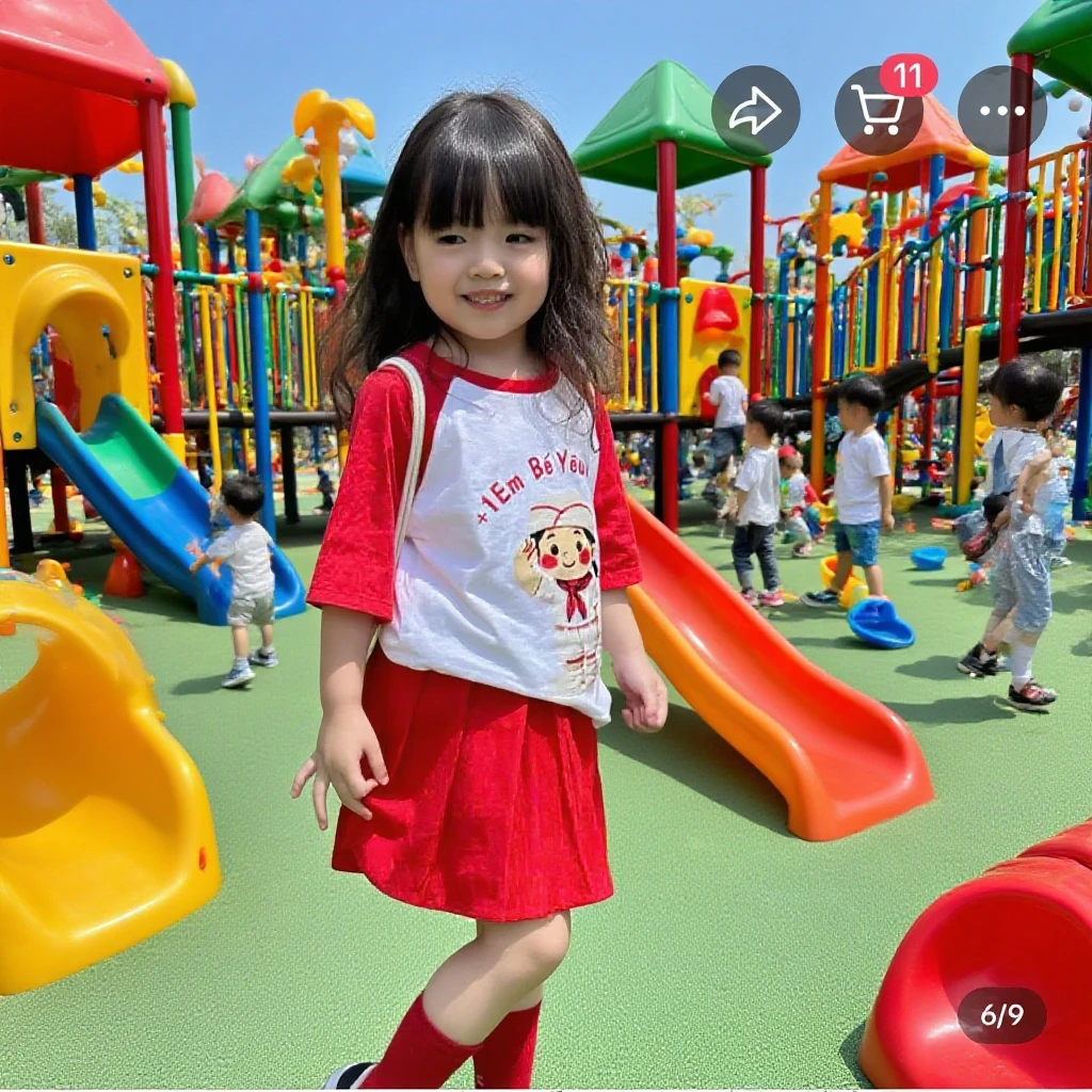 A little anime girl picking up her red ball from the ground while a dragon silently watches her. Obs:didn't notice the dragon looking at her.