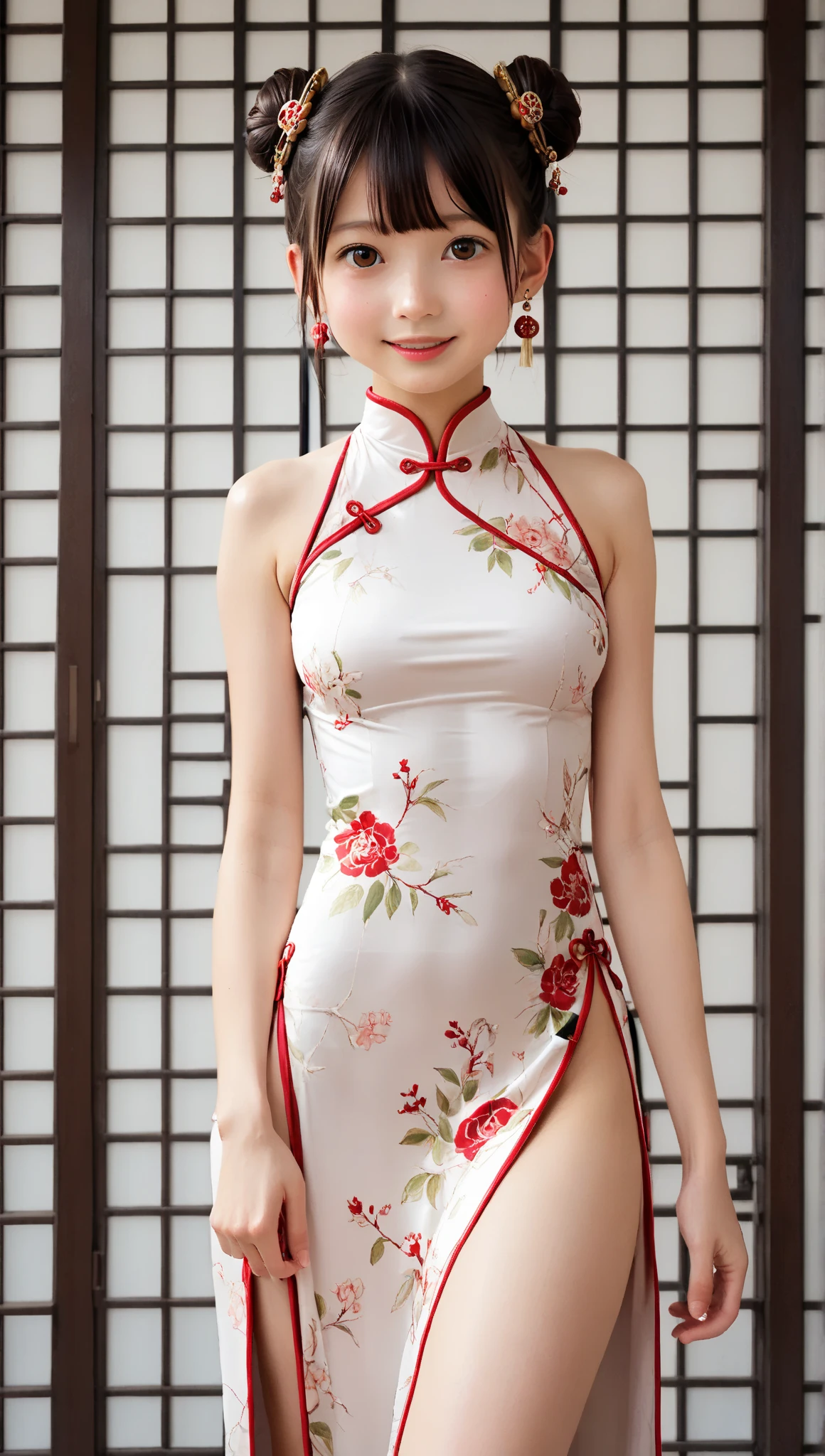 Ultra detailed, (real: 1.5), highly detailed, ultra detailed, extreme detail, high quality, full body, solo, one girl, cute, beautiful face, beautiful detailed eyes, beautiful detailed nose, semi-nude,, hair bun, (exquisite facial features), chinese clothes, silk stockings, studio lighting, attractive figure, cheongsam, satin, big