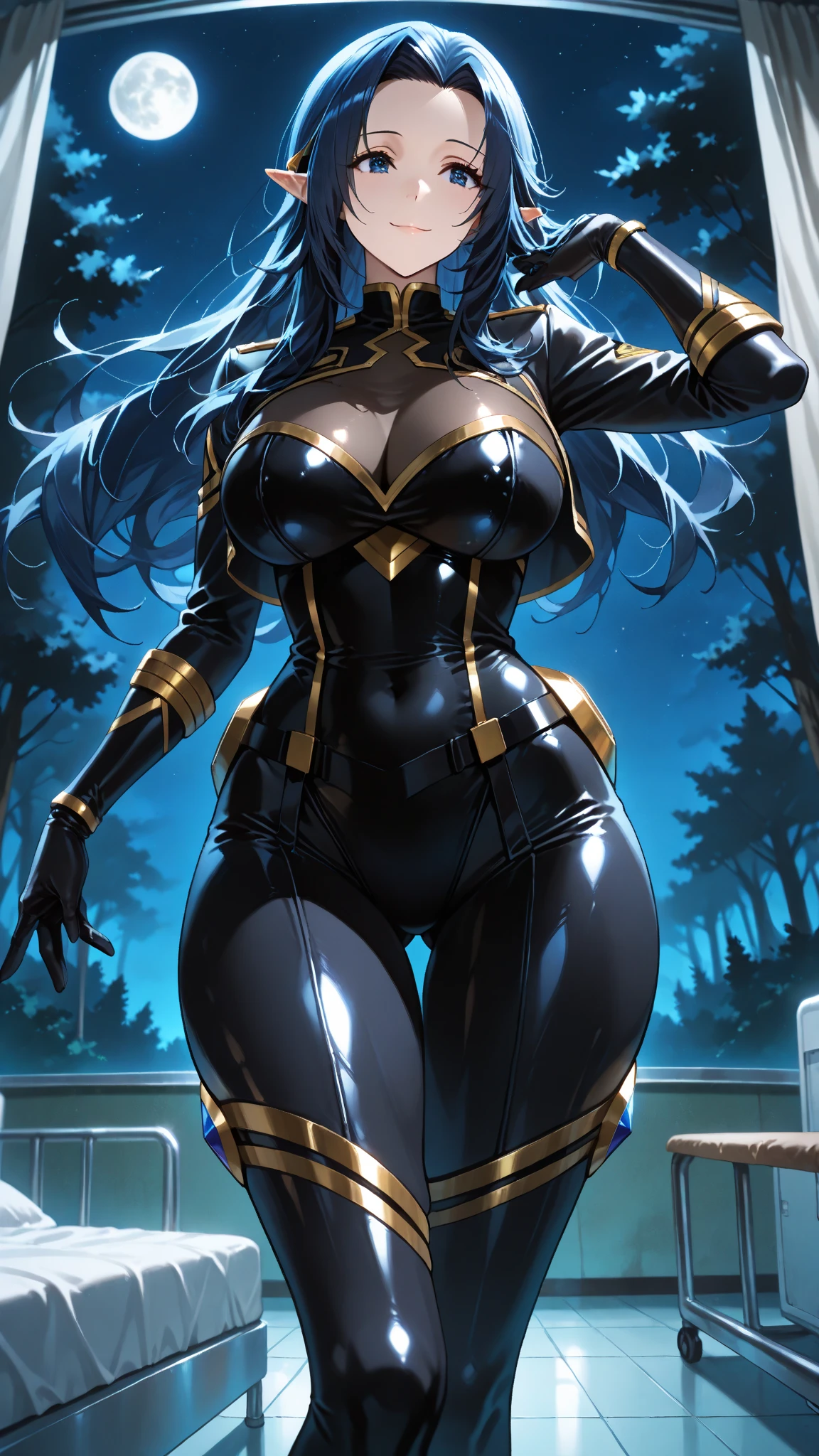 1girl, full body, standing, looking the viewer, huge breasts, massive breasts, beautiful adult woman, high elf, long hair, black hair, amber eyes, (black futuristic sci-fi bodysuit), Ultra Quality, Masterpiece,Ethereal,Ultra-Detailed,8K,