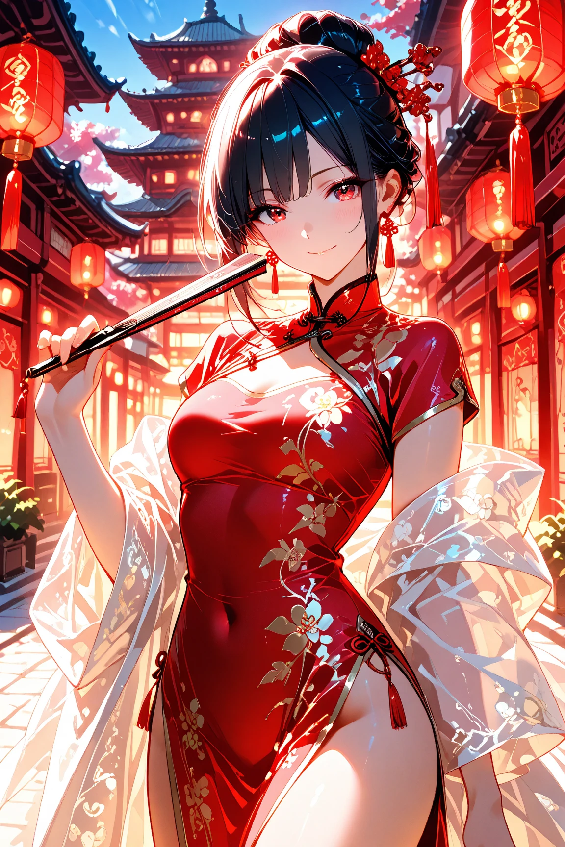 masterpiece, score_9_up, anime artwork, illustration, elegant, cinematic lighting, vibrant colors.
BREAK
1girl, solo, a woman with a graceful and serene expression. Her long black hair is styled in a beautiful, intricate updo, held in place with an ornamental hairpin.
BREAK
She is wearing a beautiful, form-fitting traditional Chinese dress (Cheongsam/Qipao). The dress is made of a deep red silk brocade with golden embroidered floral patterns, and features a high mandarin collar.
BREAK
cowboy shot, vertical composition. She stands elegantly, her posture perfect. She holds a small, delicate folding fan in one hand, partially covering her gentle smile.
BREAK
The setting is a vibrant Chinatown street at night. The background is a beautiful blur of red paper lanterns, glowing neon signs with Chinese characters, and the ornate architecture of a restaurant facade.
BREAK
The scene is beautifully lit by the warm, red, and golden glow from the numerous lanterns and signs, casting a soft, cinematic light on her and making the silk of her dress shimmer. The mood is elegant, exotic, and captivating.