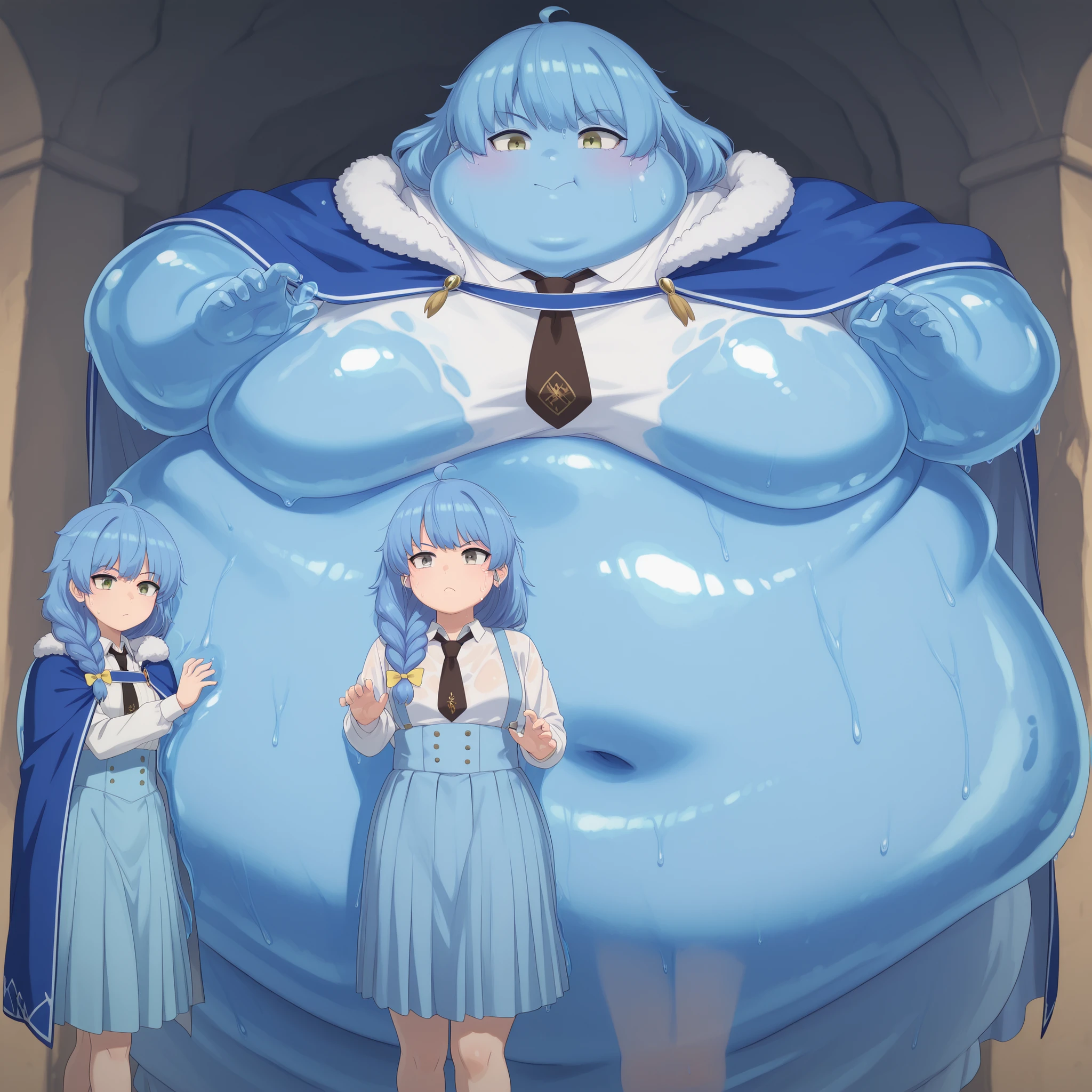 Becoming a slime, monster, aparida rain, long hair, bangs, green eyes, blue hair, yellow eyes, braid, ahoge, hair bow, grey eyes, single braid, yellow bow, braided ponytail, mature female, small breasts, skirt, shirt, long sleeves, white shirt, pleated skirt, necktie, collared shirt, cape, blue skirt, fur trim, black necktie, high-waist skirt, suspender skirt, blue cape, fur-trimmed cape, blue skin, wet skin, shiny skin, mature female, small breasts, round face, breasts, plump,,,, ,chubby cheeks,masterpiece, best quality, , wet body, sweating, fat, chubby, obese, gigantic arms and legs, large breasts, blob of fat,