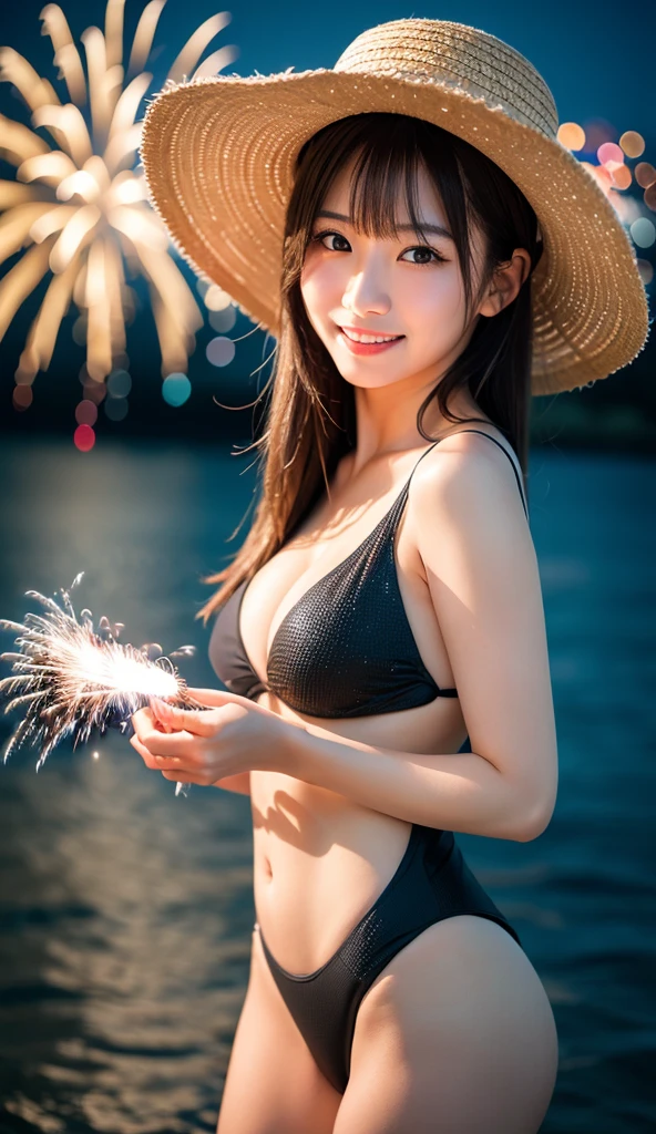 (((Masterpiece，Highest quality，Highest quality，8k，16K))，((Ultra-high resolution，Super detailed)))，Japanese，beautiful girl，sexy，glamorous，Golden Ratio Style，Bikini，Night Pool，Fireworks display，Fireworks、((屋外プールにて夏祭りのメインイベントであるFireworks displayのFireworksを背景にしたスナップ写真))，