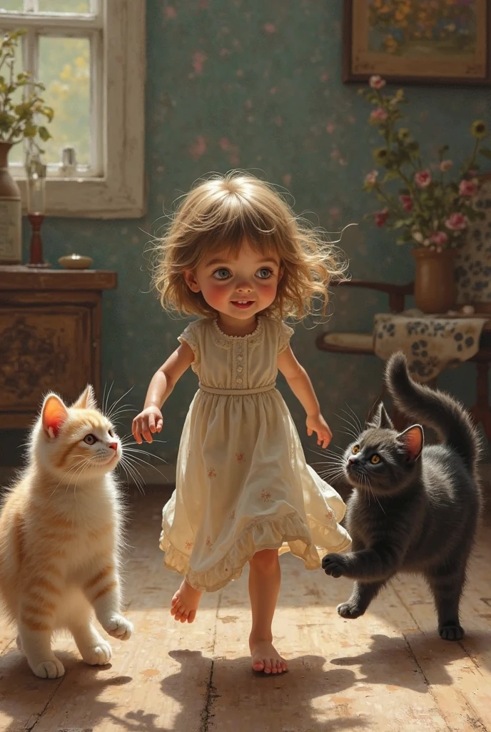 A little girl shopping,Around 10 years old,The head is replaced by the head of a white kitten