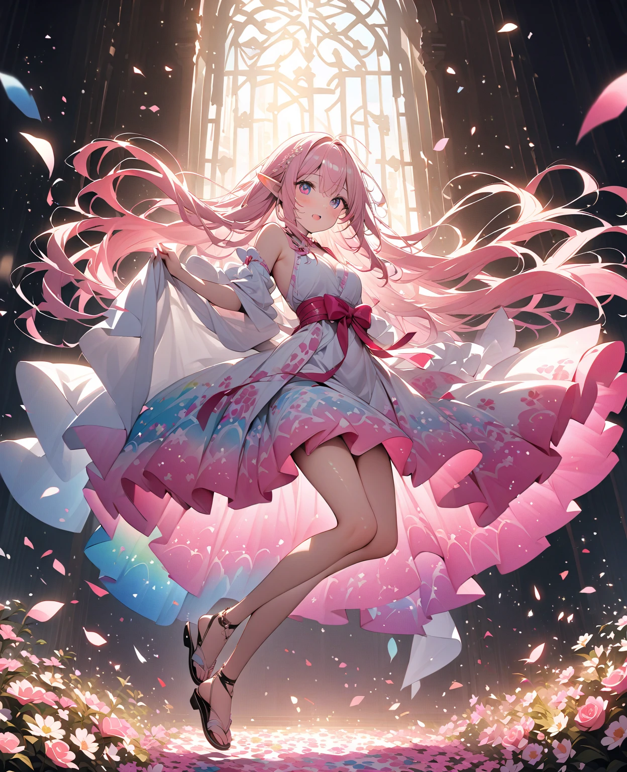(masterpiece), (best quality), cinematic lighting, 1girl, full body, colorful (ballgown) without black color, elbow gloves, colorful legware, intricate beautiful face, in a ballroom