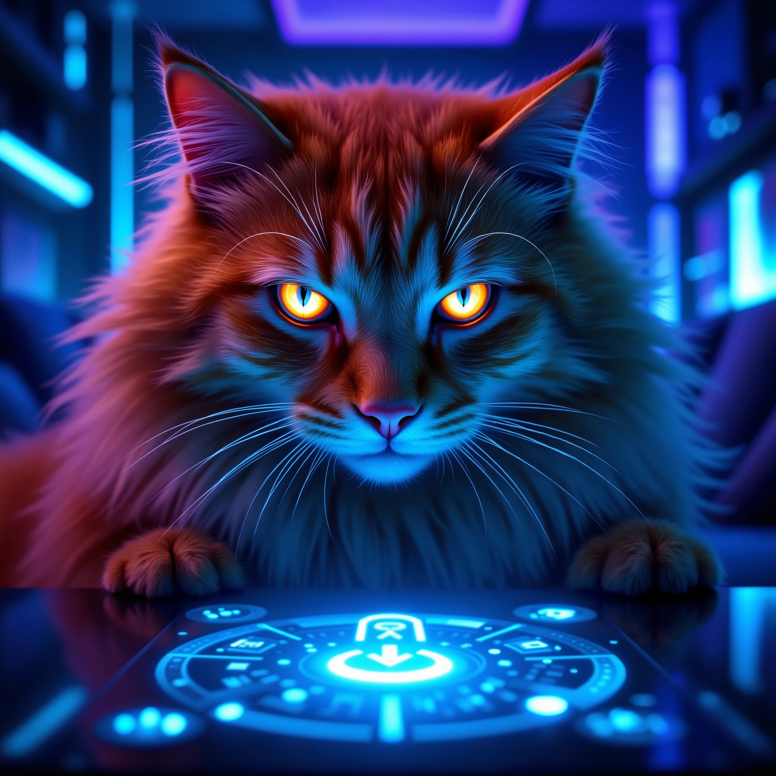 "Close-up of an orange fluffy cat with glowing eyes staring intently at a smart home control panel or screen. The background is a sleek modern living room with smart devices. The atmosphere is tense and futuristic, with blue and purple neon glows highlighting the cat and devices. Realistic and sci-fi style."