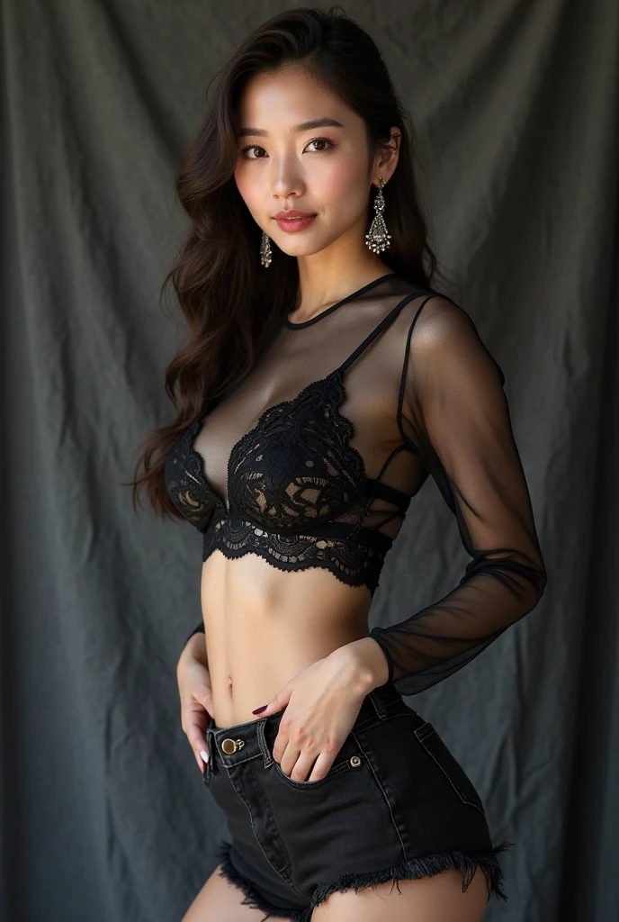 Beautiful Japanese Waifu, early 30s, brunette hair, black lace bra
