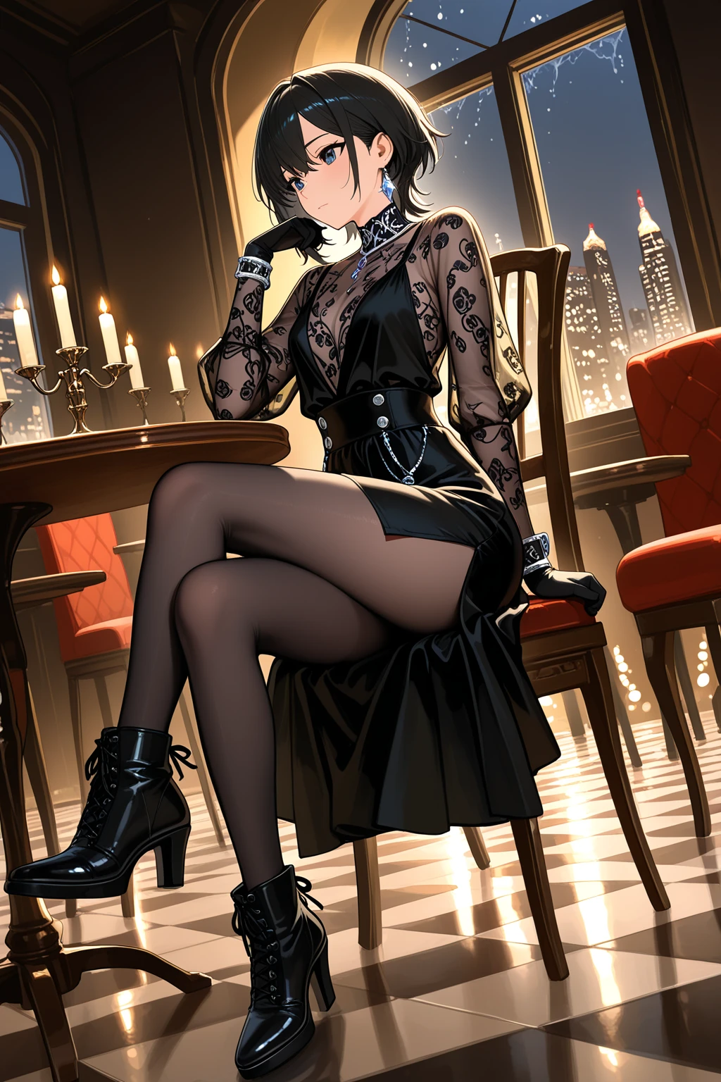 (Masterpiece, Best Quality, Ultra High Resolution , Digital Art,Beautiful and Aesthetic ) . ( One Fashionable adult girl with a short oblique bob, slender figure, expressive and dominating look ) in modern men's suit in youth style , matte black color , lovely thin white but long tie , (silk thick threads of red color connect the necklines on the sides of the whole suit) , . The character sits on a large massive sofa with lots of leather and metal patterns on it in vintage style , an interesting and atmospheric pose that characterizes the character , .