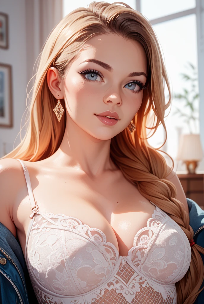 Girl with red velvet lingerie pushup bra, intricate patterns , intricate details, red stockings with intricate patterns, blond long wavy hair, big eyes , long lashes, realistic photo