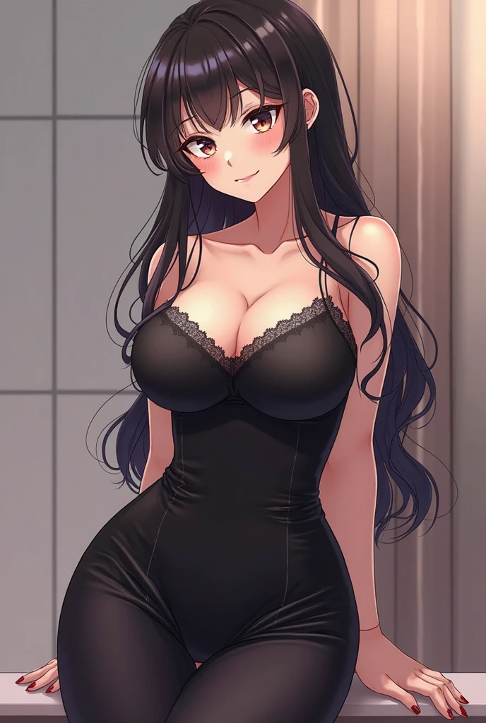 Garota sexy, com peitos medios e com decote enorme, bunda grande,cabelo preto e curto, olhos pretos, com mini saia, sensual, no seu quarto , fofa, gostosa , usando mini saia preta.