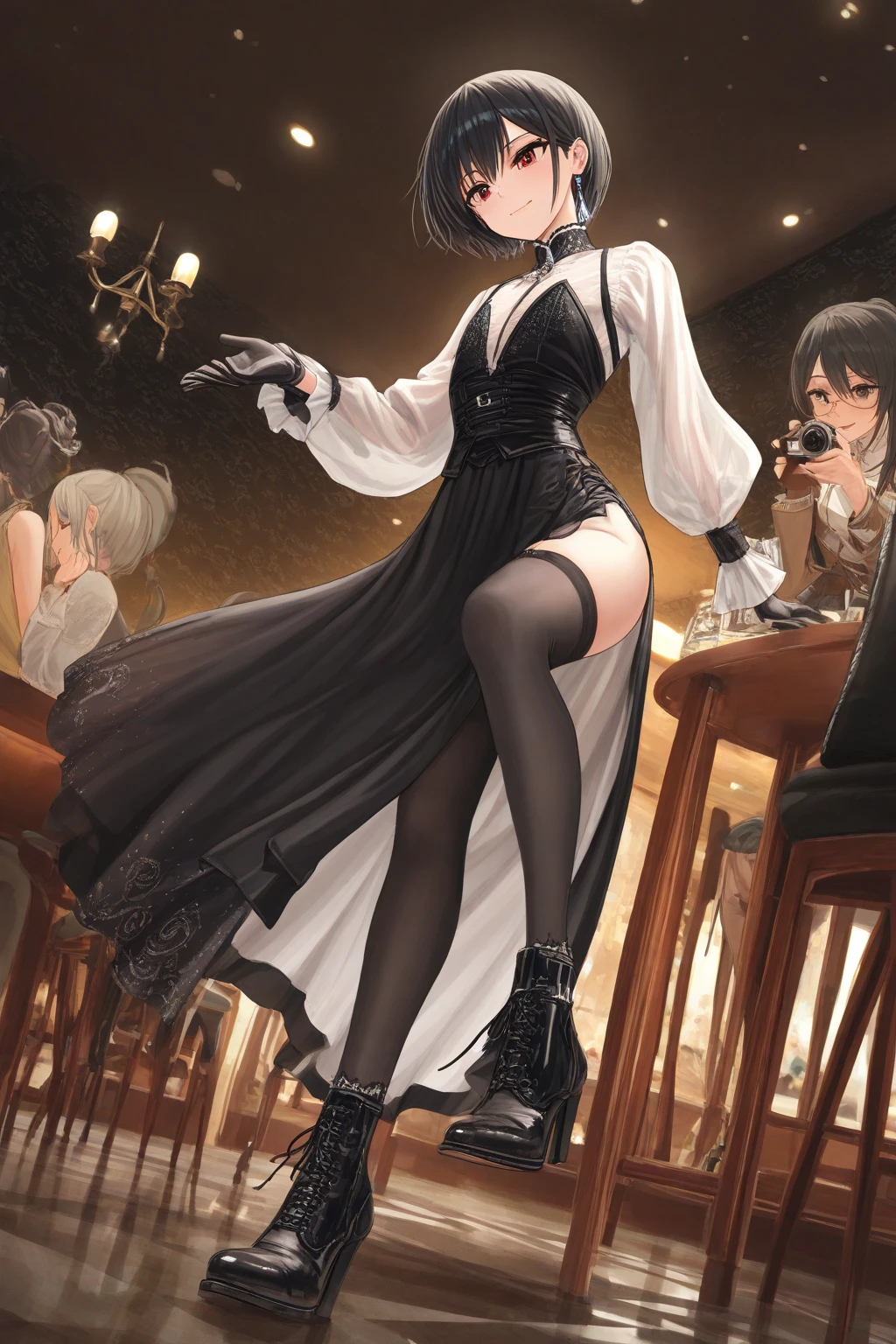 NSFW,(Natural finger shape:1.5),((Full Body Shot,Including face)),Standing position,4K,masterpiece,((Focus on the face)),((Symmetrical facial features)),Eye for detailed depiction,Beautiful woman,Excellent style,Beautiful feet,(Small Ass,Thin thighs),(Patterned black stockings:2,High heels),Facial detailing,Small earrings,necklace,Low angle photo,((camisole,Tight Skirt)),(Drinking tea at a cafe:2),Strong sunlight,,(((Lean your body back and sit on the ground))),