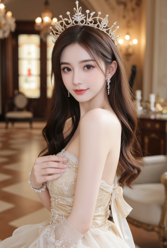 masutepiece, Best Quality, Illustration, Ultra-detailed, finely detail, hight resolution, 8K Wallpaper, Dynamic composition, Beautiful detailed eyes, Very gorgeous and elegant luxury dress winter clothes,Medium Hair,Small breasts natural color lip, Bold sexy poses,Smile、20 years girl、Cute、Sexy shot looking at camera,midnight,beautifull detailed face,Classy face,Perfect and beautiful face,Slim face and body,Blur the background,Gorgeous and glamorous Christmas party venue