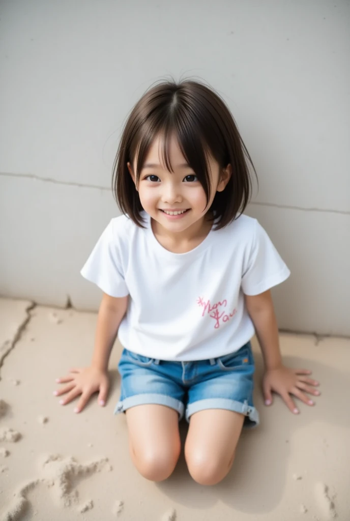 7 year old little girl，Cartoon avatar，Top powder blue T-shirt，