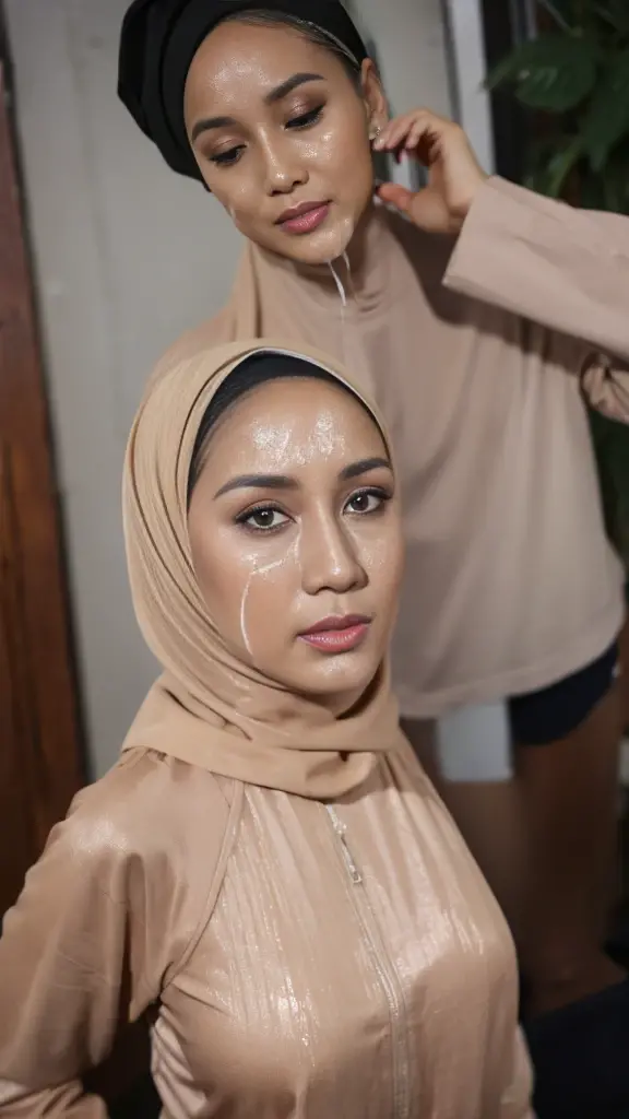 52 years Old, Hijab Indonesian mature woman, Large Tits : 96.9, Tight Gamis Floral Pattern, at Government Office, Dark light, at Nighttime, (Sperm Liquid Cover her whole Face :1.3), (Ahegao Face).