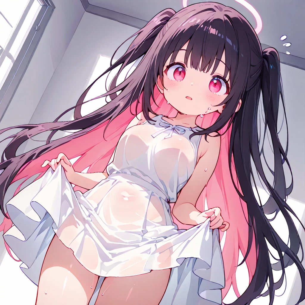 Hands Behind Back,Tied with hands behind back,from front,front view,looking at viewer, looking ahead,from above,cowboy shot,1girl,Beautiful 11 year old girl,Japanese,Slender,,low length,Small breasts,Thin legs,Small Ass,Baby Face,Small face,Black Hair,Row Twin Tails,Short Twin Tails,Gray Eyes,puffy eyes,middle School girls,Sheer black and pink negligee,Sexy Lingerie,open mouth,tongue out,front face,Kneeling,Straight Stand,Beautiful and detailed anime art,Anxious expression,Sexy vibe,cum on tongue,Dimly lit room,On the bed,Simple Background,Gray background,Low lighting,