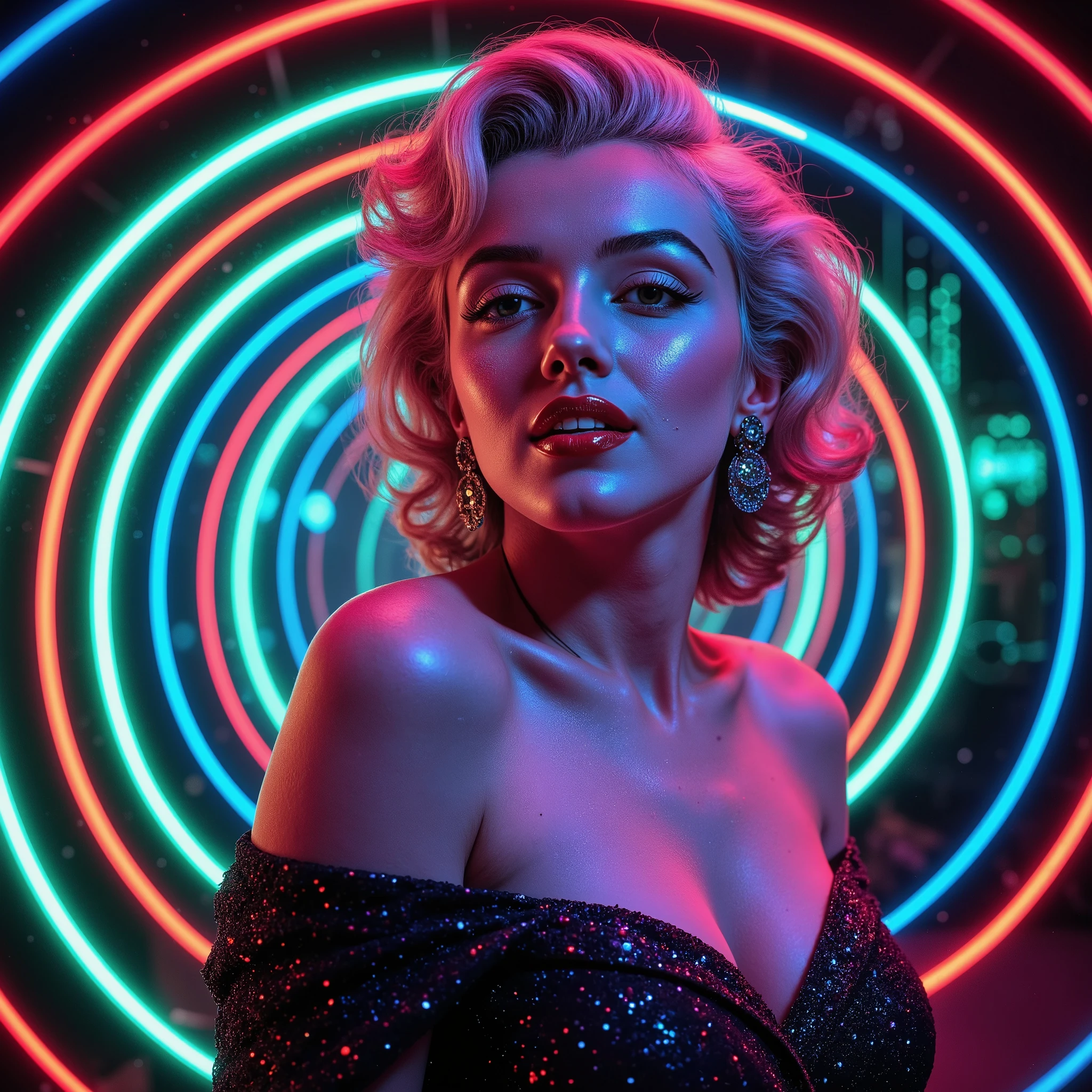 Marilyn Monroe is depicted in a stylized pop-art rendition, blasts of colored rings around her, glowing bright neon, characterized by a vivid vortex of circles and high contrast rings, that emphasize a sense of modernity and surrealism. Her shoulder-length wavy hair, styled meticulously, suggests a classic look reminiscent of mid-20th-century fashion. She is wearing an off-shoulder dress with a halter neck, revealing part of her upper chest and shoulders, adding a touch of elegance and allure. The entire image is set against a vibrant spiral-esque background composed of alternating concentric rings of green, blue, and red, creating a hypnotic or psychedelic effect. The lighting and shading within the image enhance the contours and volume of the subject, contributing to a sense of depth and dimensionality. The overall mood is enigmatic, artistic, and hypersensual, drawing the viewer into a space where vintage glamor meets modern artistic expression. Ultra-realistic, photo-realistic, ultra-detailed, physically-based rendering, brightest neon glowing colors, surrealism, etheral, aesthetically enchanting, elegant, professional movie quality imagery, cinematic photography, portrait photography, cinematography, full focus, UHDR, highres, startling, masterpiece