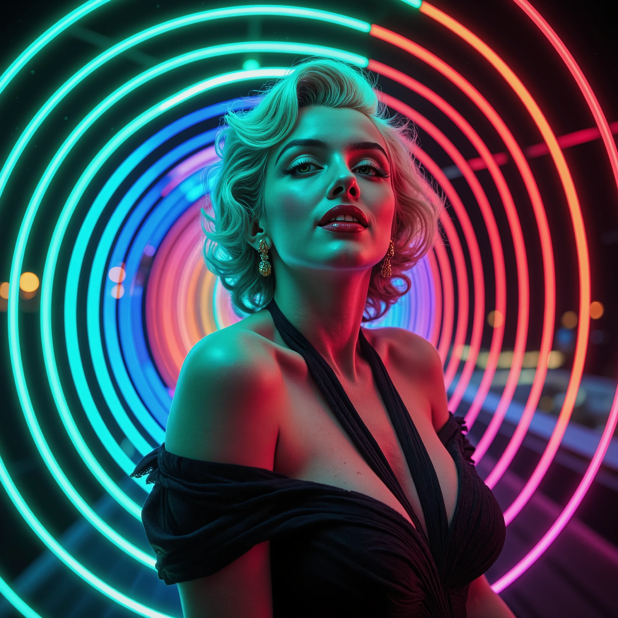 Marilyn Monroe is depicted in a stylized pop-art rendition, blasts of colored rings around her, glowing bright neon, characterized by a vivid vortex of circles and high contrast rings, that emphasize a sense of modernity and surrealism. Her shoulder-length wavy hair, styled meticulously, suggests a classic look reminiscent of mid-20th-century fashion. She is wearing an off-shoulder dress with a halter neck, revealing part of her upper chest and shoulders, adding a touch of elegance and allure. The entire image is set against a vibrant spiral-esque background composed of alternating concentric rings of green, blue, and red, creating a hypnotic or psychedelic effect. The lighting and shading within the image enhance the contours and volume of the subject, contributing to a sense of depth and dimensionality. The overall mood is enigmatic, artistic, and hypersensual, drawing the viewer into a space where vintage glamor meets modern artistic expression. Ultra-realistic, photo-realistic, ultra-detailed, physically-based rendering, brightest neon glowing colors, surrealism, etheral, aesthetically enchanting, elegant, professional movie quality imagery, cinematic photography, portrait photography, cinematography, full focus, UHDR, highres, startling, masterpiece