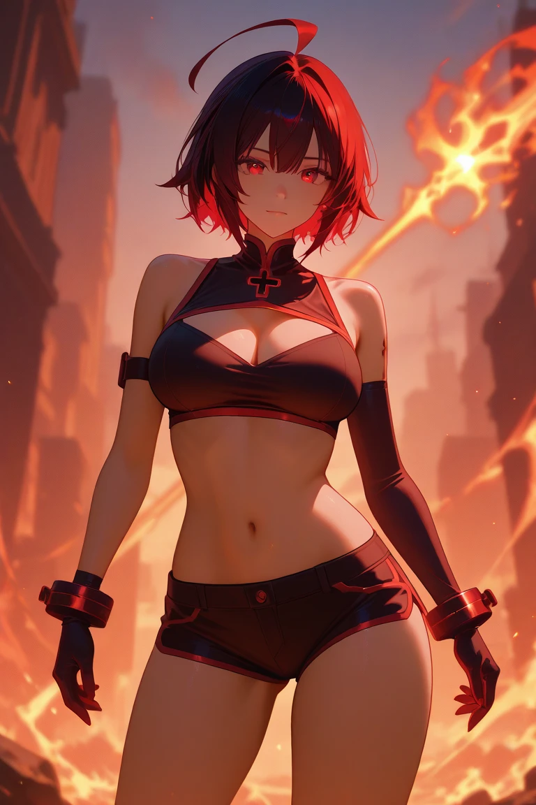 (best quality, UHD, ultra sharp), 1girl, solo, goth girl, black hair, short hair, black horns, (red bikini: 1.2), red anime eyes, blush, (medium breast:1.4), thick thighs, dark fantasy, dark lights, laced high shoes, dark atmosphere, horror, macabre, dramatic lighting, in hell, fire on background