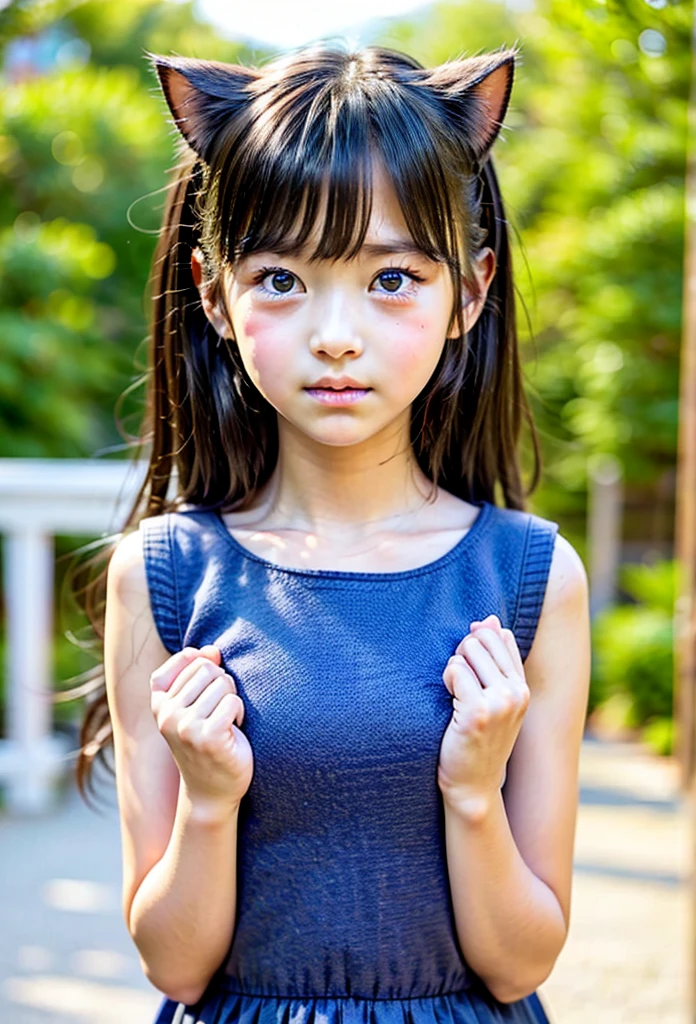 (masterpiece, Highest quality:1.4), Award-winning portraits, 8K, 85mm, alone, Beautiful Face, Delicate girl,  (On the grass), Sophisticated, cute, 15 years old, RAW Photos, Confused, High resolution, Sharp focus, Background Blur、(((flat  、thin and delicate body、Childish atmosphere)))、Glossy short bob、Mole on the left cheek、 Dark blue eyes、the skirt is swaying in the wind、Hair swaying in the wind、sexy、flexible legs、Angle shot from the ground
