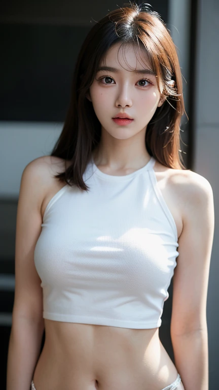 ((Realistic lighting, Best quality, 8k, Realistic, Masterpiece:1.3)), Sharp focus:1.2, 1girl, Beautiful Women with Perfect Figure:1.4, Slim abs:1.1, ((Long dark brown hair, Medium breasts:1.2)), (White crop top:1.4),（Exteriors, During night：1.1)，Beach streets，Ultra-fine face，Fine eyes, Highly detailed face and skin texture, Detailed eyes, Double eyelid