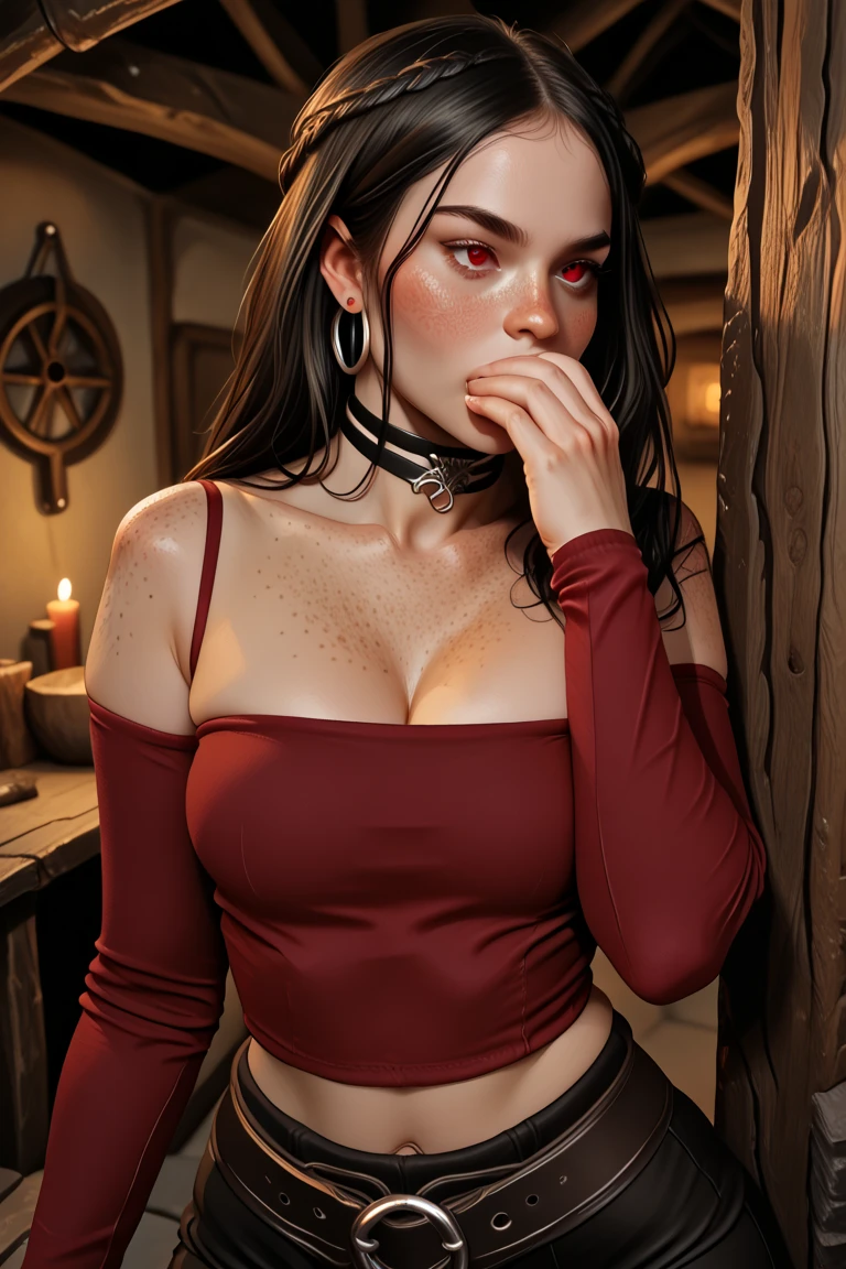 Masterwork, best quality, illustration, a seductive woman with perfect breasts, eyeliner, makeup, red full lips, wearing revealing lingerie, (breasts exposed:1.2), relaxing in a tavern by night, high fantasy setting, <lora:GoodHands-beta2:1.2>