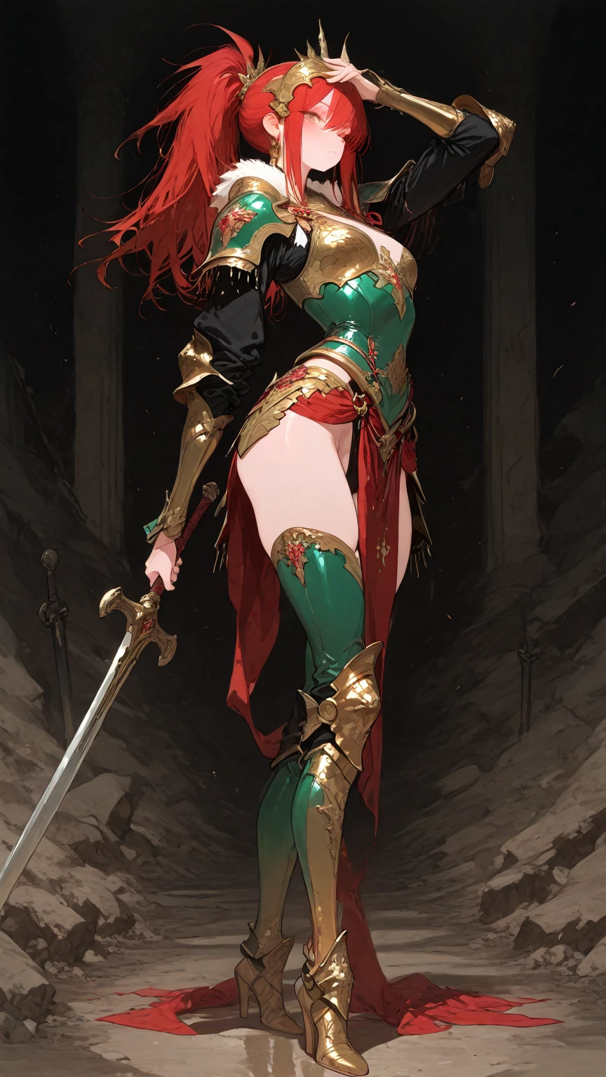 Cutesexyrobutts style, weapon, armor, thighhighs, helmet, 1girl, polearm, long_hair, red_eyes, gauntlets, cape, holding, solo_focus, leotard, holding_weapon, sword, spear, fur_trim