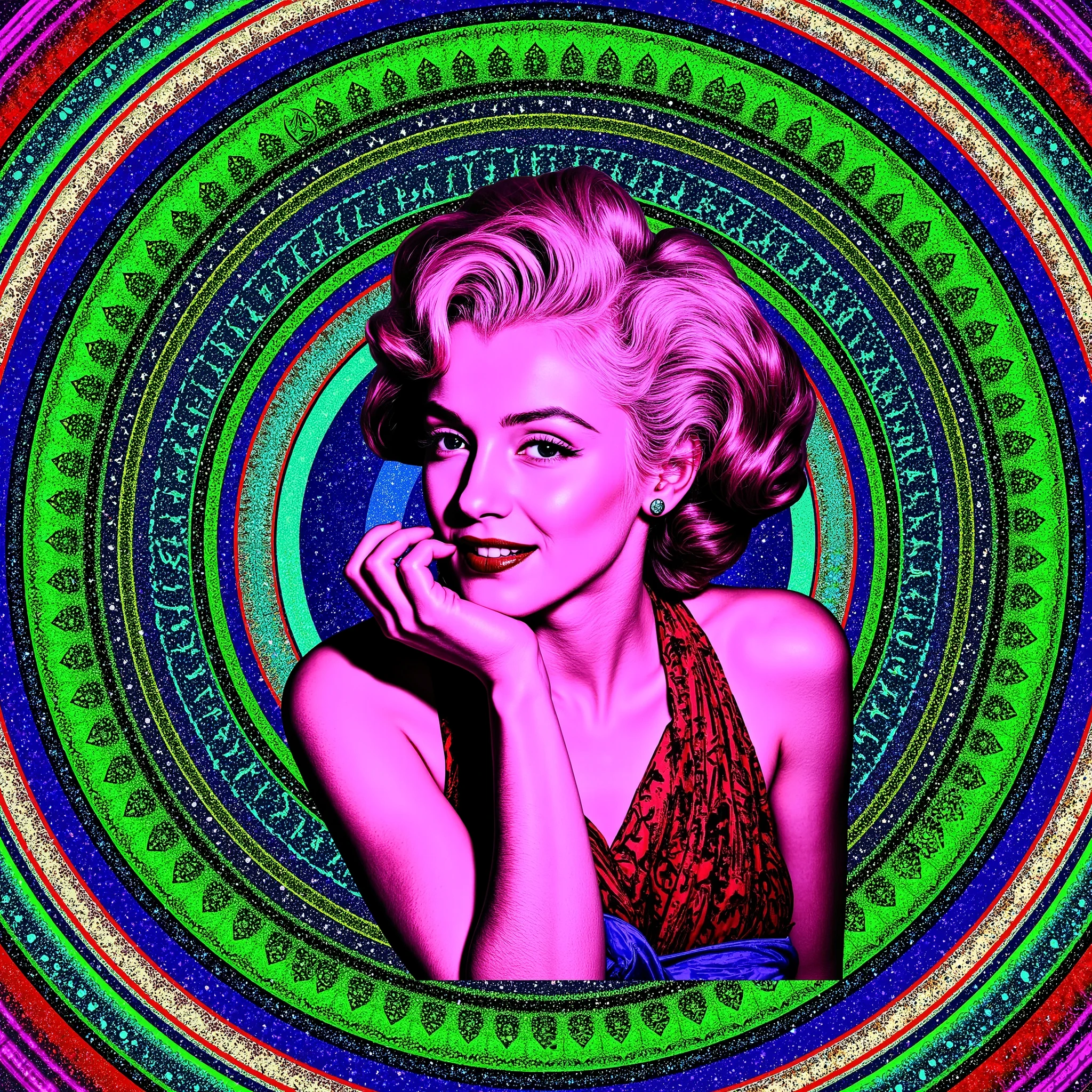 Marilyn Monroe is depicted in a stylized pop-art rendition, characterized by vivid, high-contrast colors that emphasize a sense of modernity and surrealism. Her shoulder-length wavy hair, styled meticulously, suggests a classic look reminiscent of mid-20th-century fashion. She is wearing an off-shoulder dress with a halter neck, revealing part of her upper chest and shoulders, adding a touch of elegance and allure. The entire image is set against a vibrant spiral-esque background composed of alternating concentric rings of green, blue, and red, creating a hypnotic or psychedelic effect. The lighting and shading within the image enhance the contours and volume of the subject, contributing to a sense of depth and dimensionality. The overall mood is enigmatic and artistic, drawing the viewer into a space where vintage glamor meets modern artistic expression. Ultra-realistic, photo-realistic, ultra-detailed, physically-based rendering, professional movie quality imagery, cinematic photography, portrait photography, cinematography, full focus, UHDR, highres, startling, masterpiece