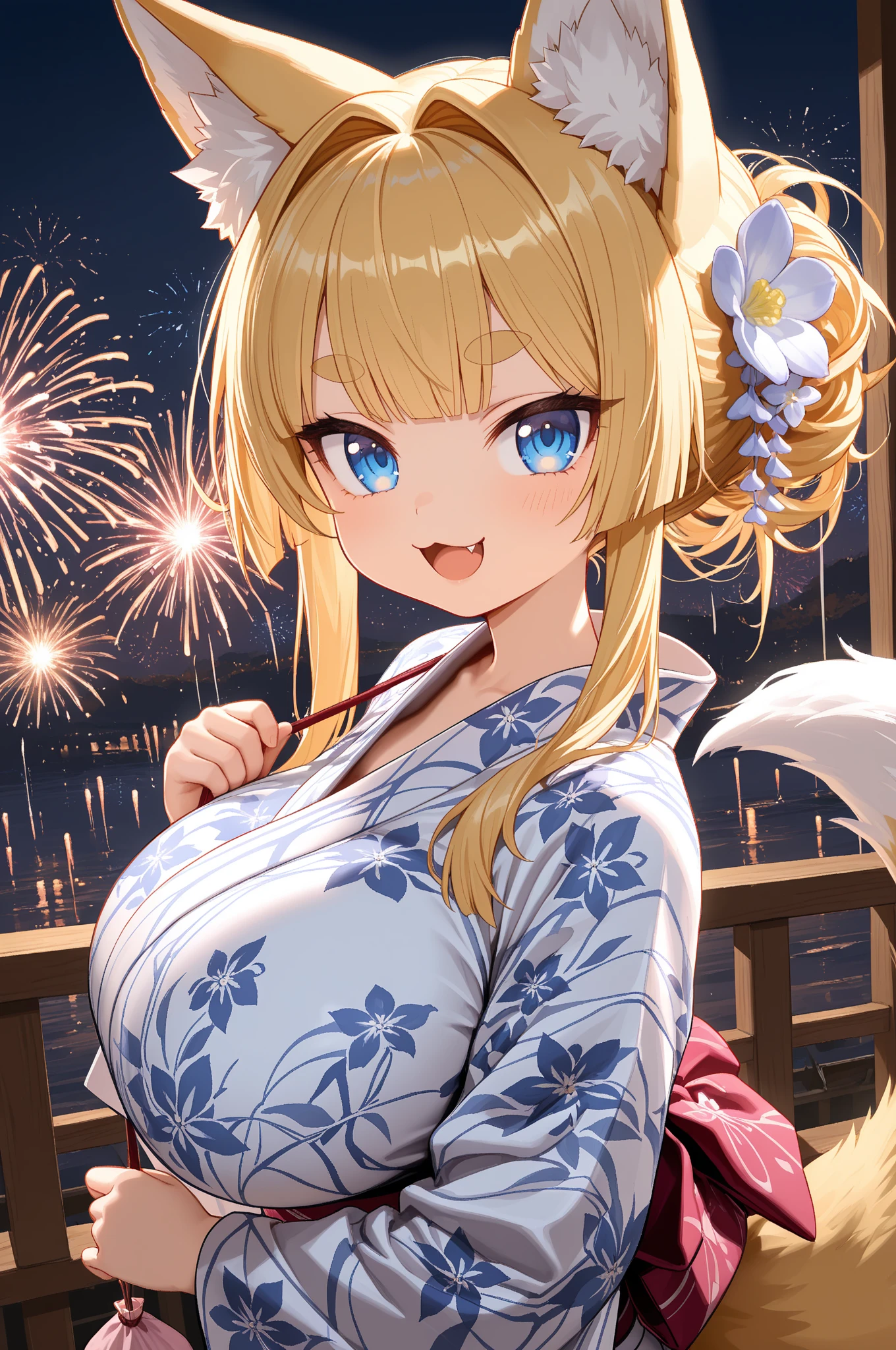 ((One personの女性)), Beautiful Face,(Laughing embarrassedly), (naughty face:1.2), ((Wink:1.9)), (head tilt:1.3), Laughing with your mouth open, upper teeth, ((full-face blush:1.5)), looking at viewer, Glossy Red Lips, (Shining Face), ((anime colored)), ((Anime style background)) , night, Observatory, Festival decorations, firework, ,masterpiece, Highest quality, so beautiful,up to date, Complex details, (Pink long nails),(ring),(bracelet),(choker),AI-generated, Complex,High resolution, Highest quality, super high quality,3D Images、3D Images,One person,Long blonde hair,ponytail, wavy hair ,写真のポーズをとるAnime Women, ((Fine grain、Lightly pigmented turquoise eyes、Shining Eyes:1.4)), (Squint your eyes:1.1),a hyperRealistic , hyperRealistic , Realistic,Anime Women, Smooth anime CG art, A woman in a colorful kimono with gold embroidery, ((yellow、Dark blue long-sleeved kimono:1.3)),Red floral pattern,Long flower hair ornament,Earrings,Mature Body,(Big Breasts:1.1),Tall,Abdominal muscles,Tight waist,(face focus:1.4), ((front view)),