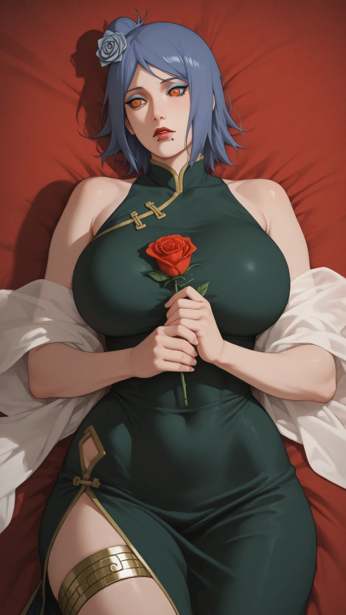 1girl，solo，close up， thick hair ，Clear facial features，beautiful girl，Japanese anime style，high quality，Master's Work，masterpiece after sex，Extreme Light and Shadow，Exquisite rendering，with super fine details，Top CG ，16K HD quality，
Konan_\(Naruto\)，1girl, konan, blue hair, single hair bun, orange eyes, gold hair flower, lip piercing，hair jewellery
dark green cheongsam，waist hollow，gold snack waist band，high-slit dress，white paper shawl，hold a rose in hand，Side lying，big oppai，huge hips，(Anatomically correct)，blue eyeshadow，red lips，Thin lip，red bed，Chinoiserie
